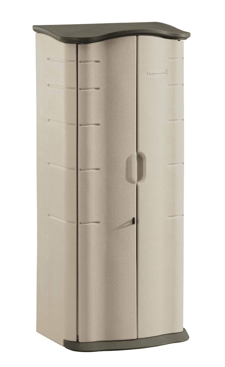 Rubbermaid 2x2.5 Ft Compact Vertical Resin Storage Shed with Floor - Weather Resistant Beige/Brown Outdoor Organizer for Garden Tools, Patio Cushions, Pool Chemicals & Toys - Perfect for Backyard, Porch & Garage Storage
