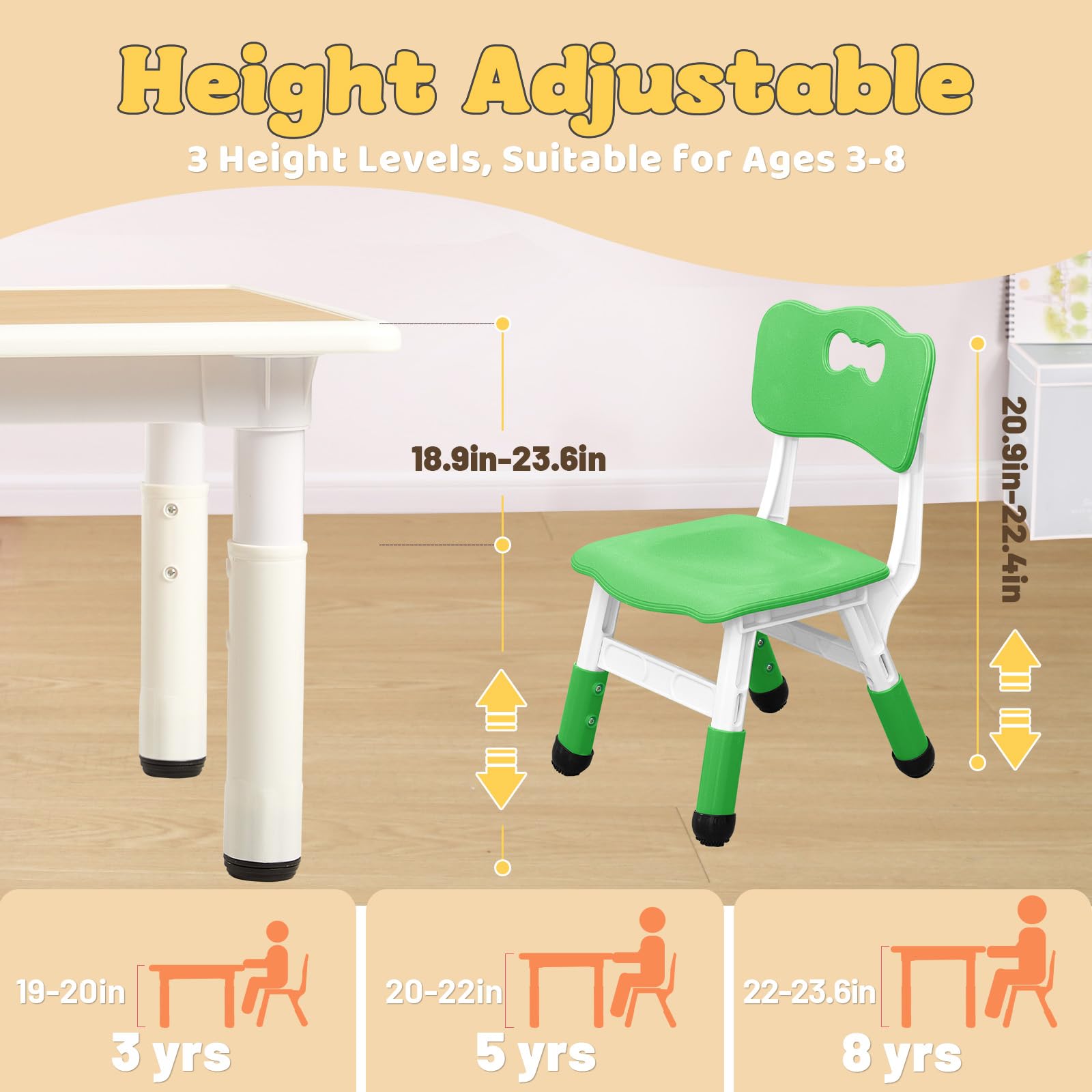 **FUNLIO Adjustable Kids Table and 4 Chairs Set for Toddlers Ages 3-8 - Easy Clean Arts & Crafts Table with Wipeable Surface - Perfect for Classrooms, Daycares & Home Use - CPC & CE Certified (5-Piece Set, Multicolor) - Ideal for Playtime, Learning & Creative Activities**