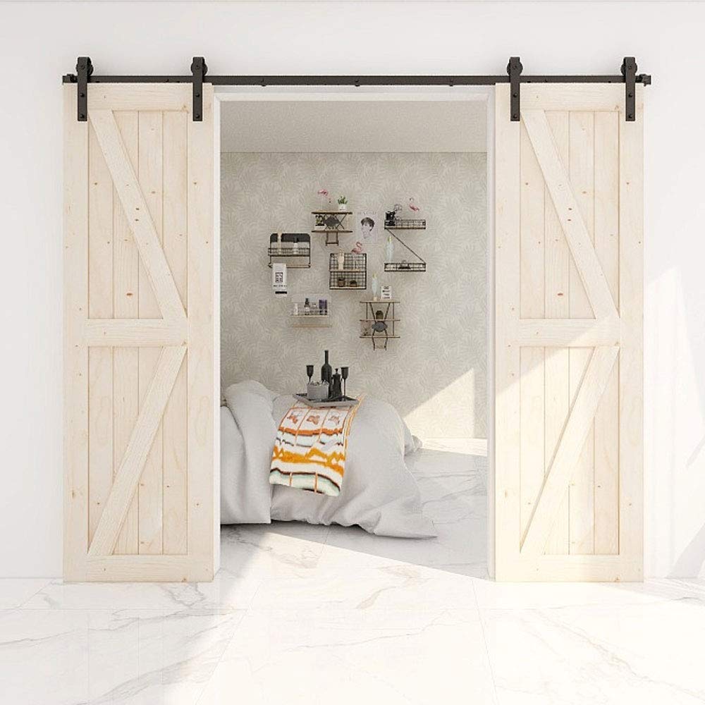 TSMST 13FT Heavy Duty Sliding Barn Door Hardware Kit - J Shape Track for Double Wood Doors - Smooth Quiet Operation & Easy Installation - Perfect for Farmhouse, Loft, and Modern Interior Design