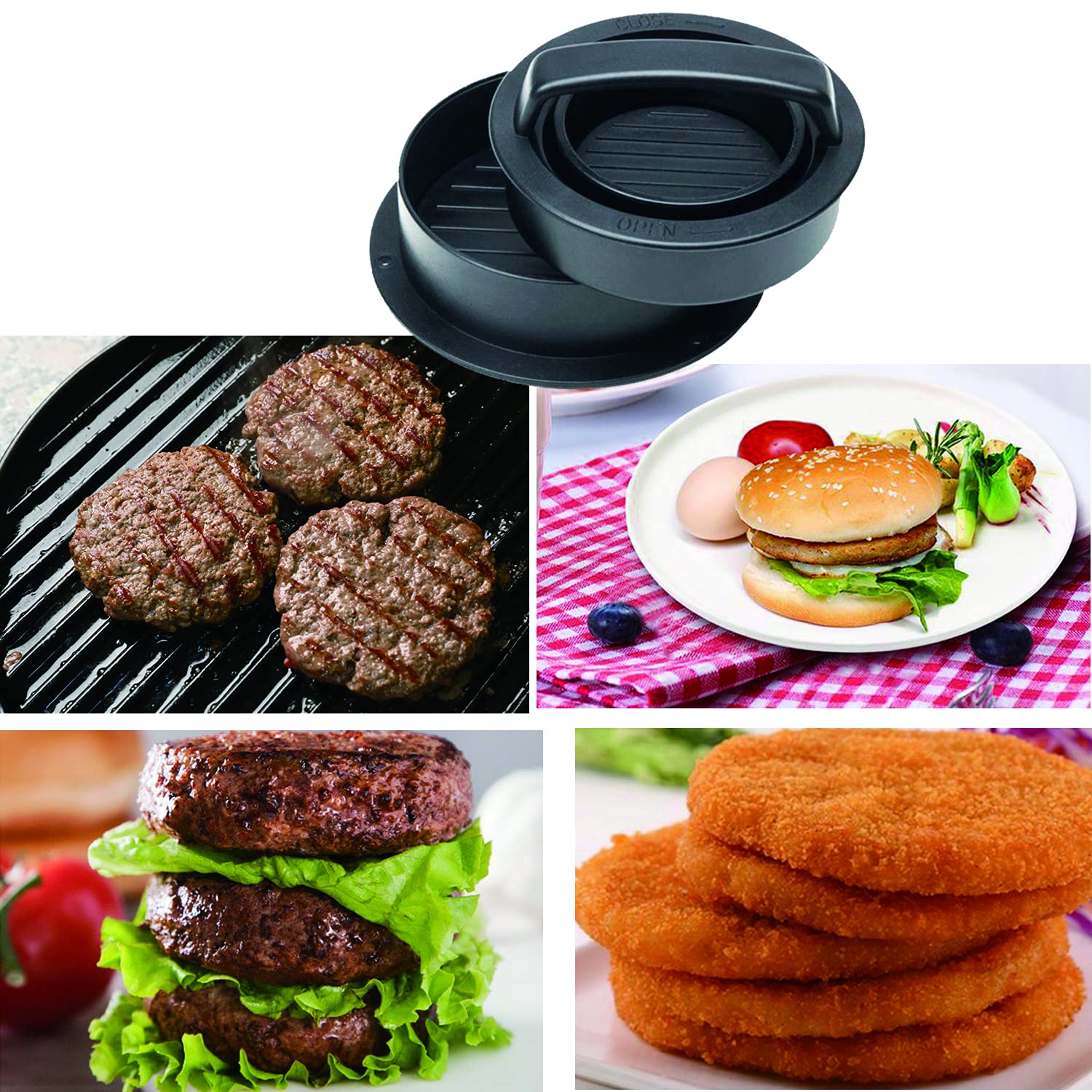 3-in-1 Hamburger Press Patty Maker - Stainless Steel Smash Burger Press for BBQ, Grilling & Cooking - Perfect for Making Stuffed Burgers, Beef Patties & Sliders at Home or Outdoor Parties