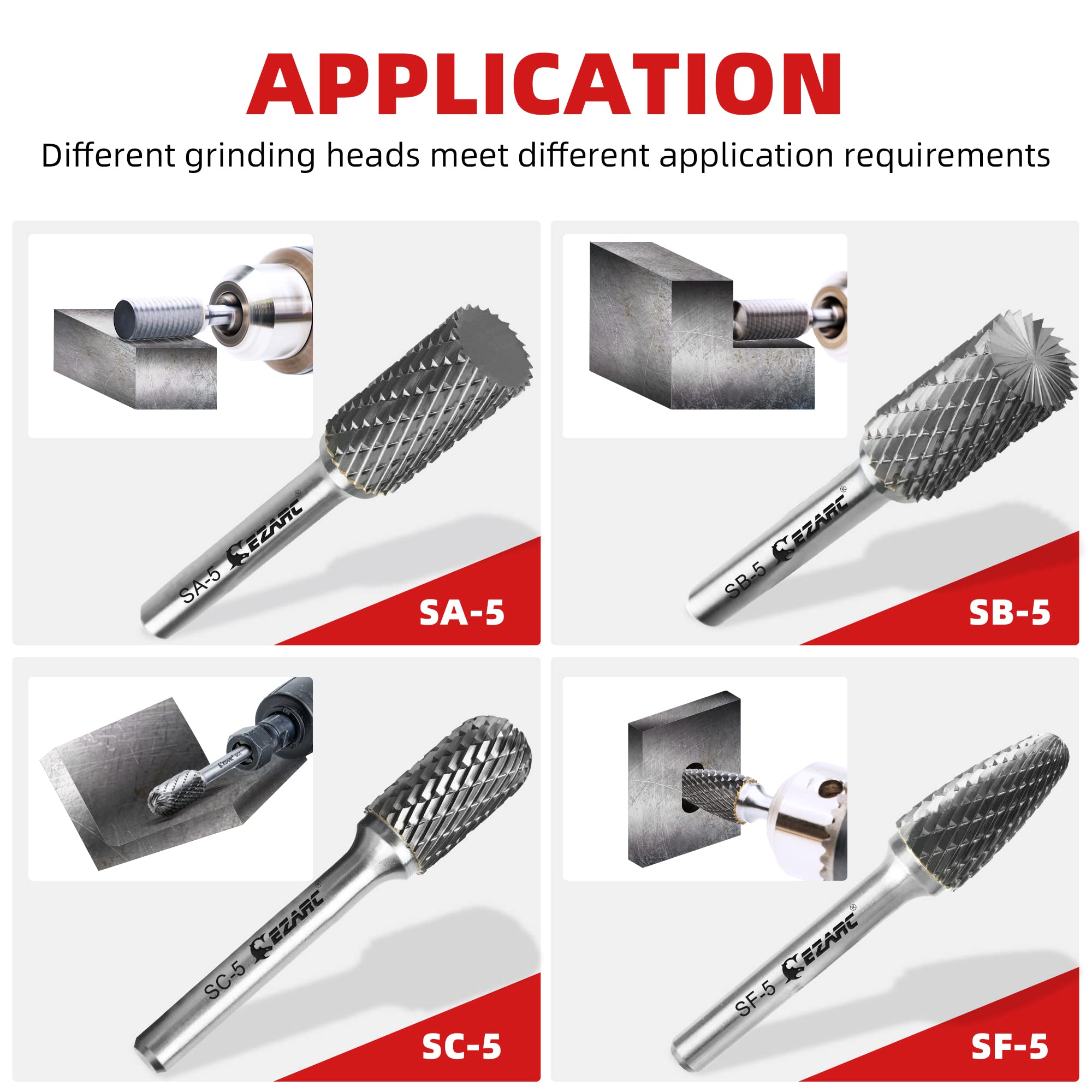 EZARC Tungsten Carbide Rotary Burr Bit Set - SC-5 Double Cut Carbide Burr with 1/4