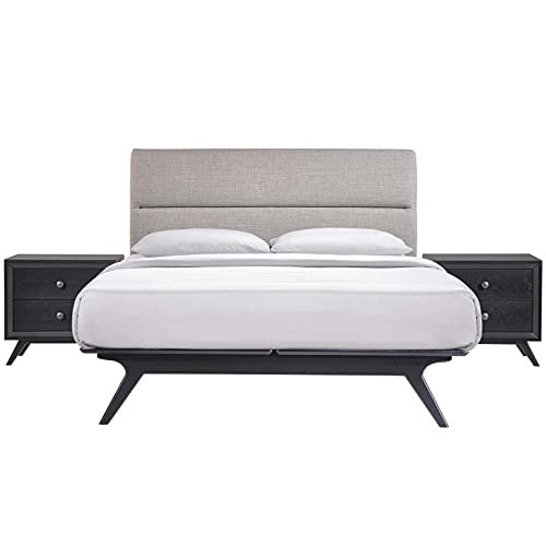 Modway Addison Mid-Century Modern Platform Queen Size Bed Frame with 2 Nightstands - Black Gray Finish for Contemporary Bedroom & Guest Room Decor