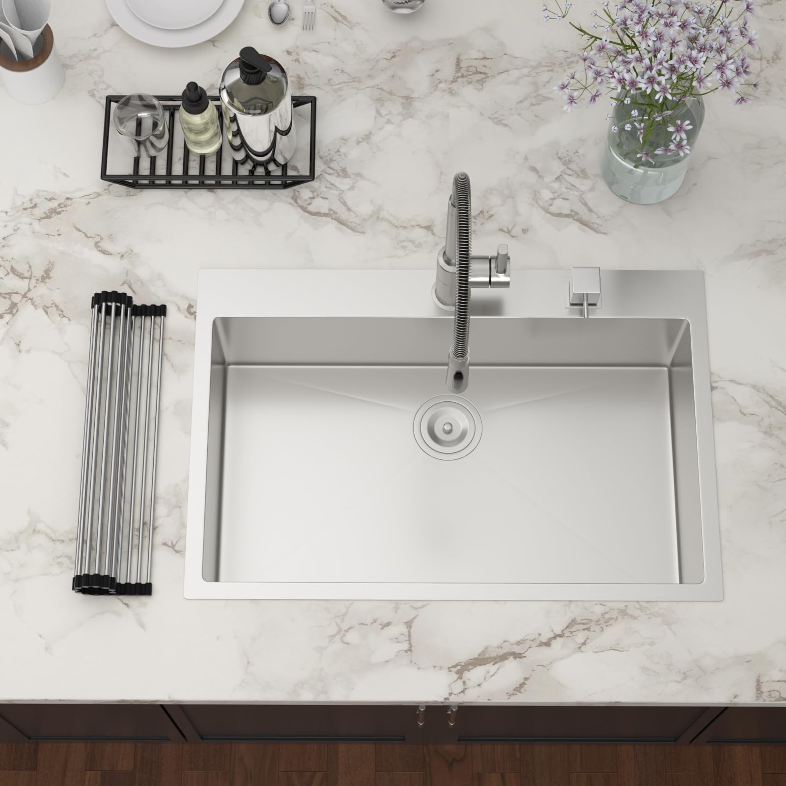 33x22 Drop In Kitchen Sink - Couoko Stainless Steel 16 Gauge 33 Inch Single Bowl Round Corner Topmount Sink, Deep Basin Overmount for Modern and Compact Kitchens