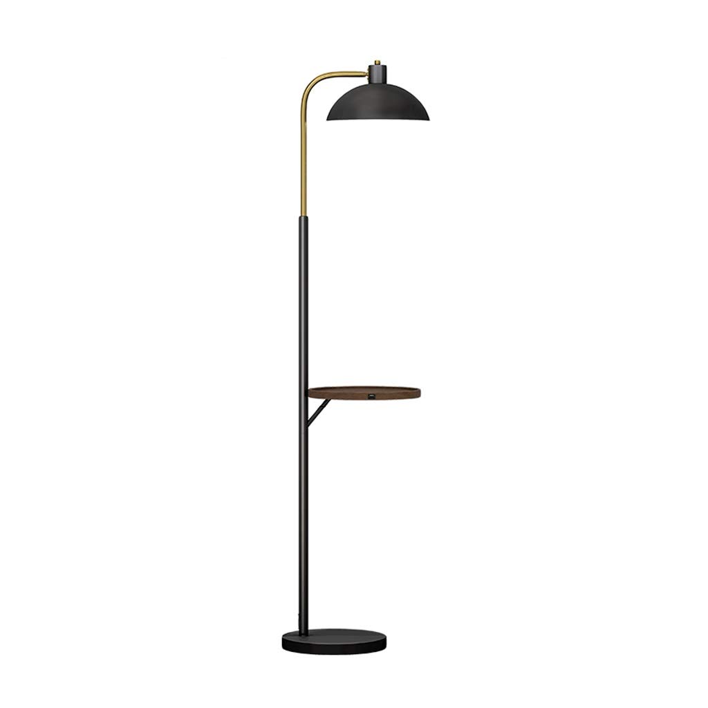 Modern Metal Floor Lamp with Wireless & USB Charging - Adjustable Standing Light with Wooden Shelf for Living Room, Bedroom, Office - Black Contemporary Lighting for Reading & Relaxation