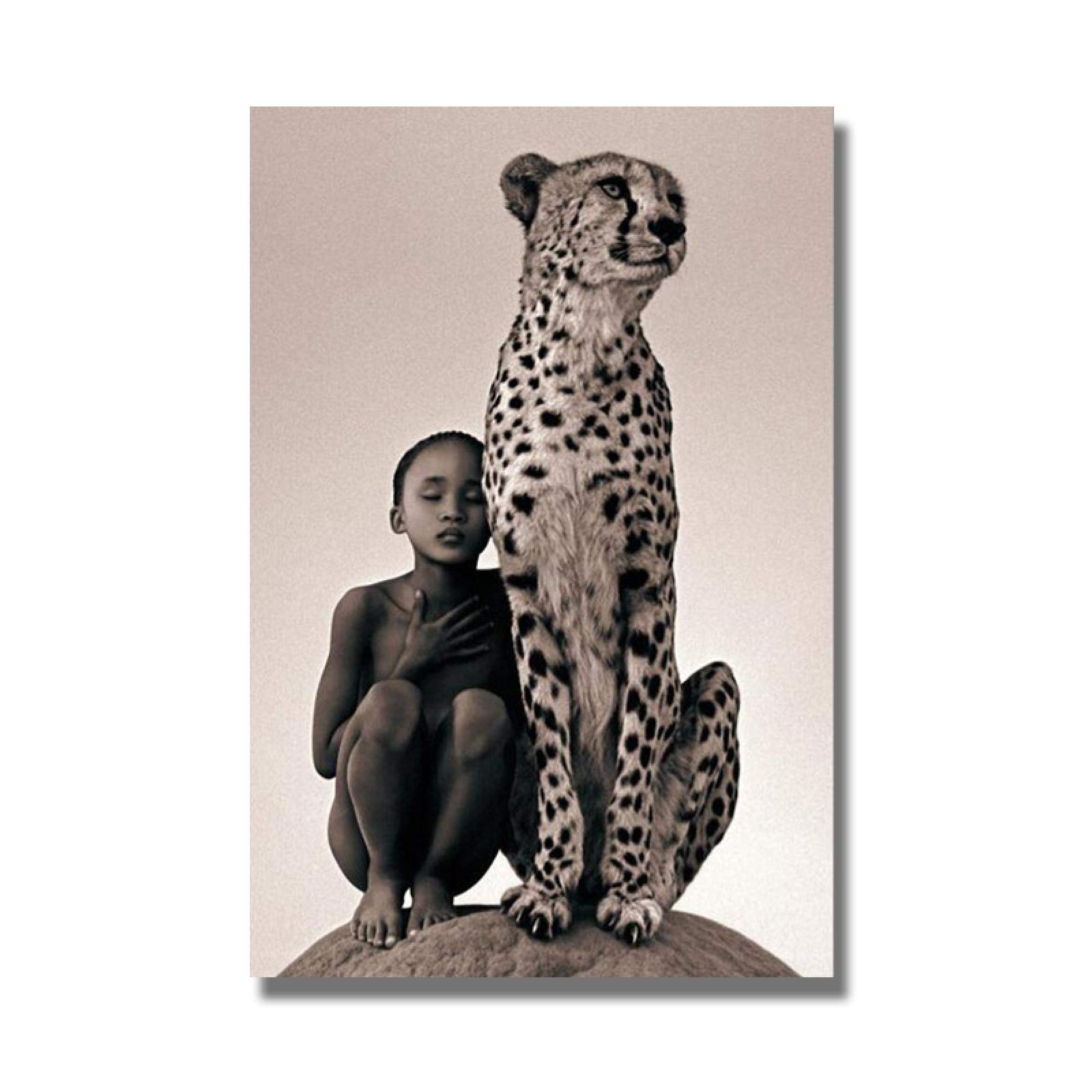 Wild African Animal Canvas Art - Boy and Cheetah Painting, 40x60cm (15.75x23.62in) Unframed Wall Decor for Living Room, Bedroom & Office | Safari Themed Home Decor | Perfect for Wildlife Lovers & Nature Inspired Interiors