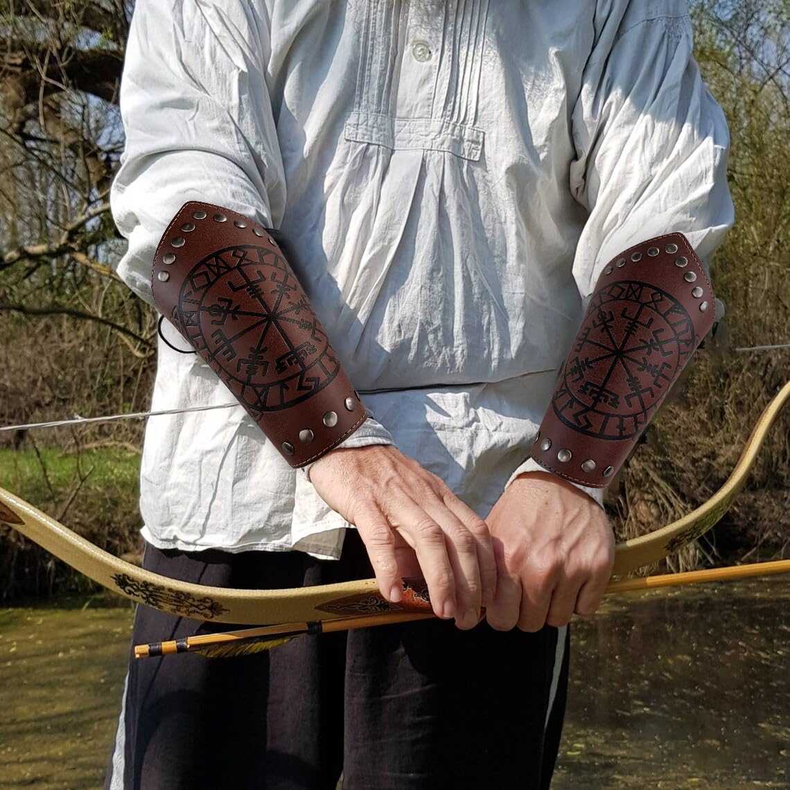 AZORA Leather Gauntlet Wristband - Medieval Bracers Armor Set with Buckle (2 Pcs) - Perfect for LARP, Cosplay, Renaissance Fairs & Historical Reenactments