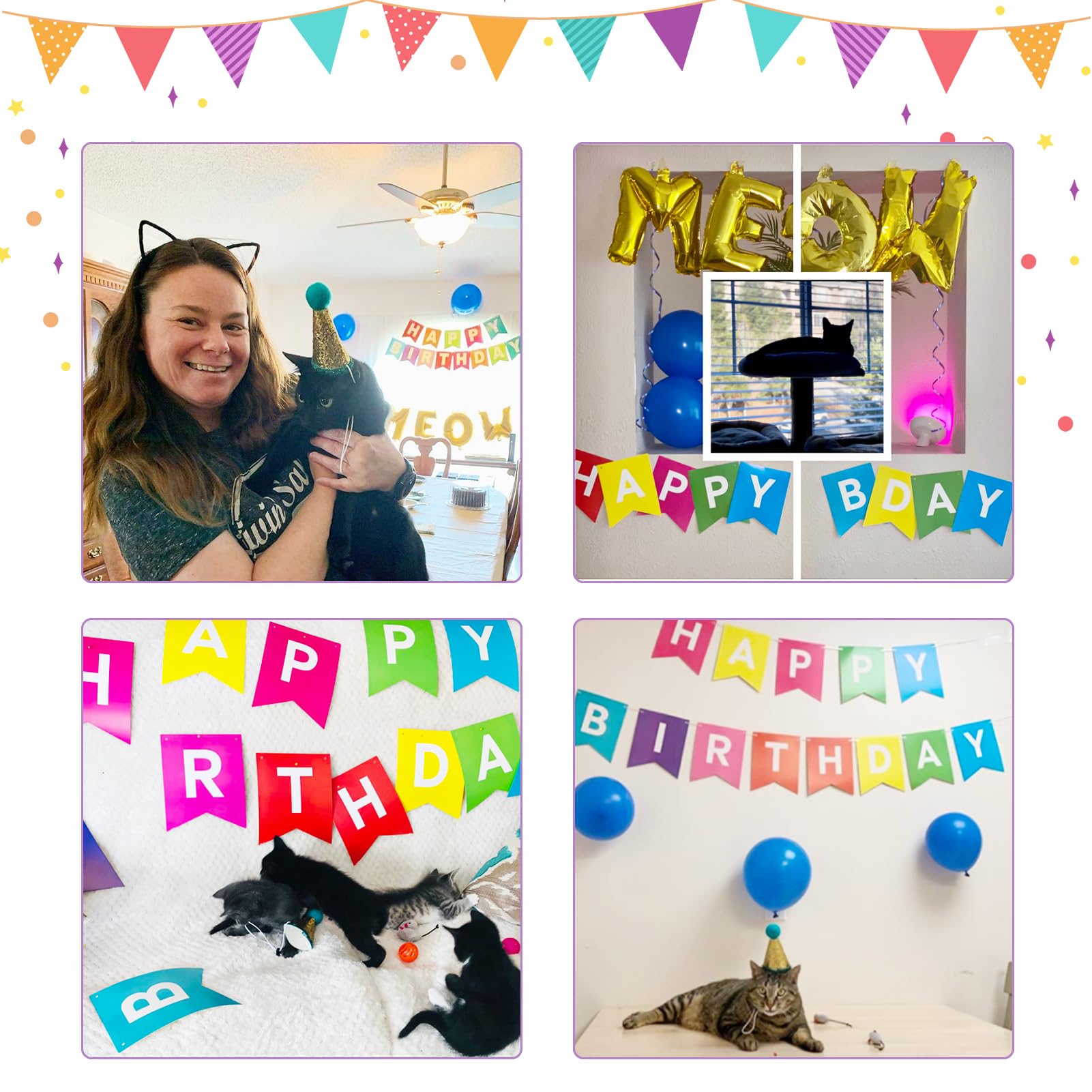 BINGPET Cat Birthday Party Decorations Kit - Includes Cute Cat Birthday Hat, MEOW Balloons, Happy Birthday Banner, Ribbons for Cats, Kittens & Small Dogs | Perfect for Kitty Birthday Celebrations & Pet Adoption Parties