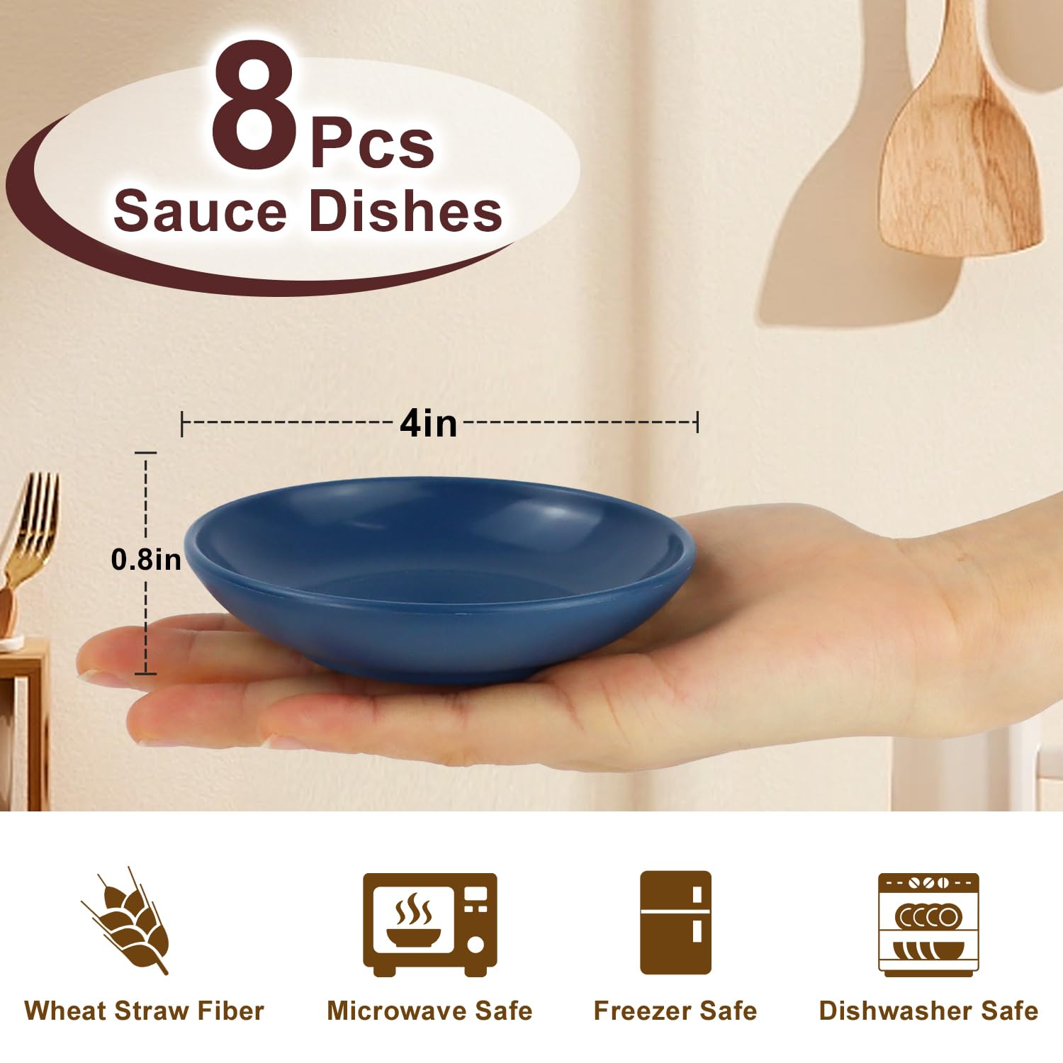4 Inch Soy Sauce Dishes 8-Piece Set - Lightweight Unbreakable Wheat Straw Mini Serving Plates for Sushi, Dumplings, Appetizers & Condiments (Multicolor) - Perfect for Asian Dining, Party Snacks & Home Kitchen Use