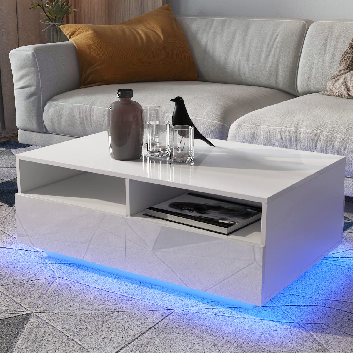 Modern LED Coffee Table with Storage - 16 Color RGB Lighting, 4 Drawers & Open Shelves, High Gloss White Finish - Perfect for Living Room, Lounge, or Bedroom Decor