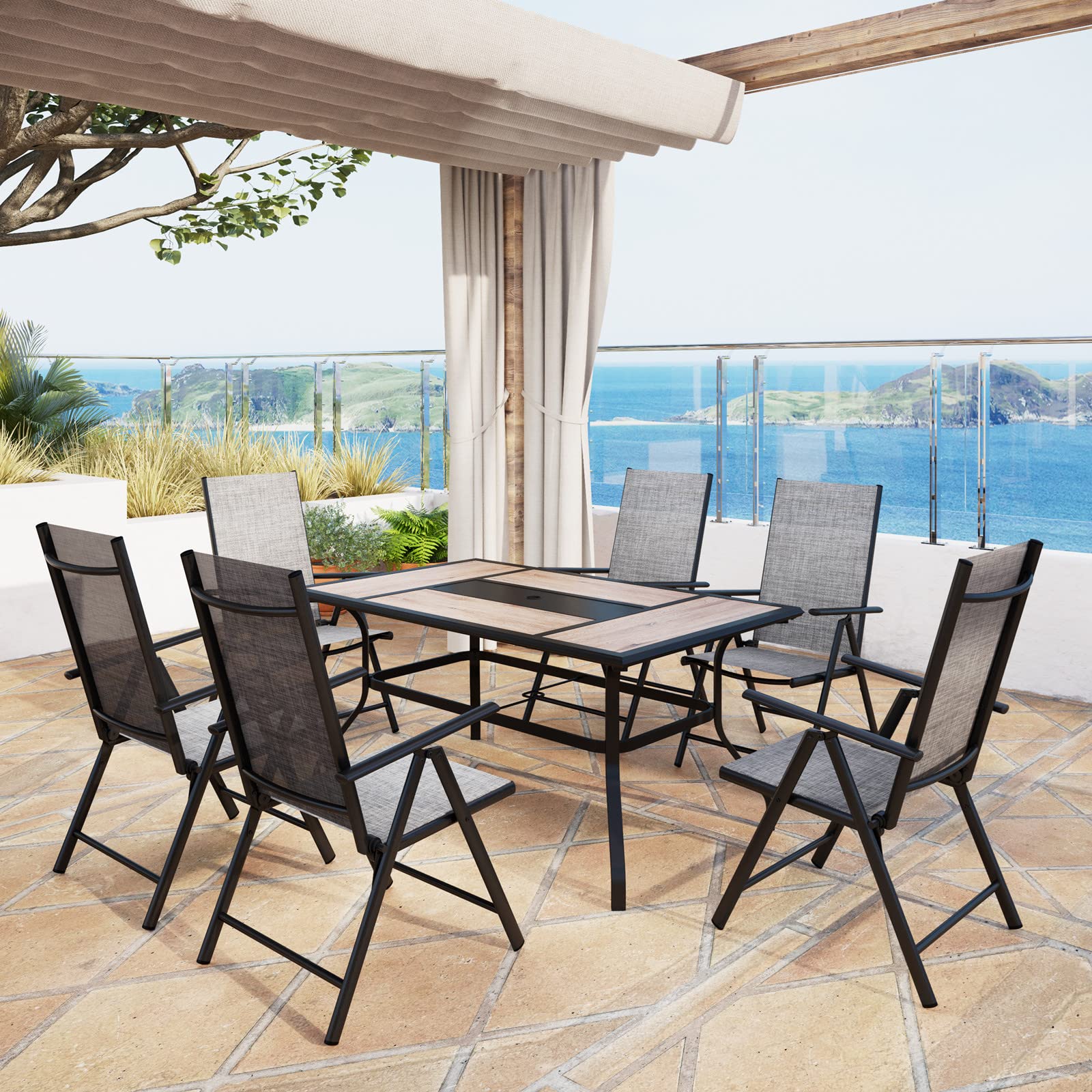 MFSTUDIO 6-Piece Outdoor Dining Set with Adjustable Aluminum Folding Chairs & Wood-Like Table - Patio Furniture for Backyard, Garden, and Poolside Dining - Weather-Resistant Grey Set