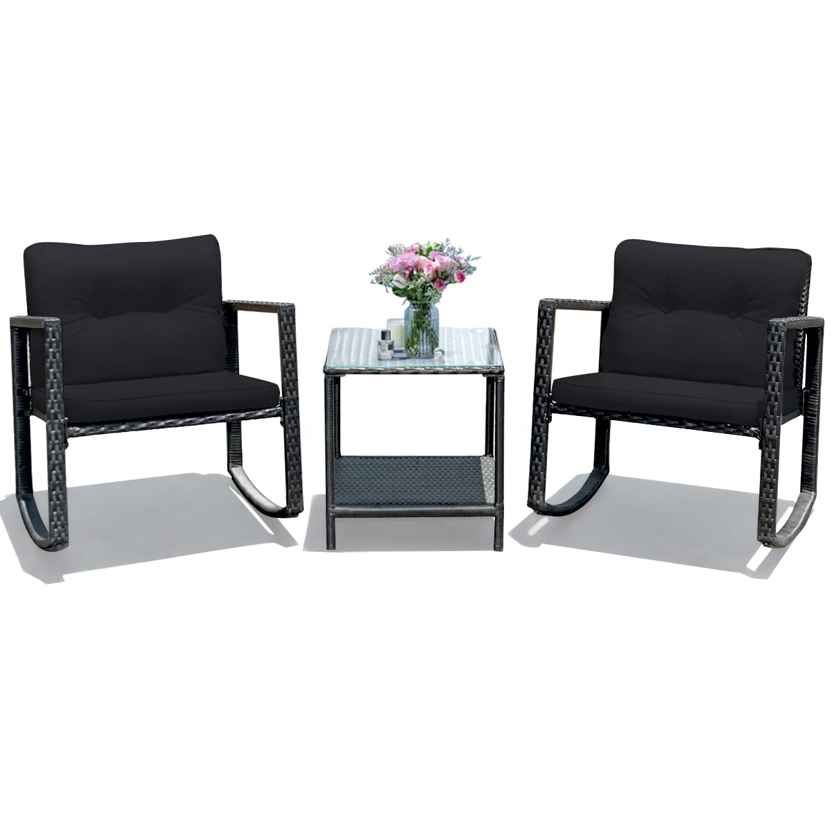 Tangkula 3-Piece Outdoor Wicker Rocking Bistro Set with Cushioned Seats, Glass Coffee Table & Storage Shelf - Black Patio Furniture for Garden, Porch or Backyard Relaxation