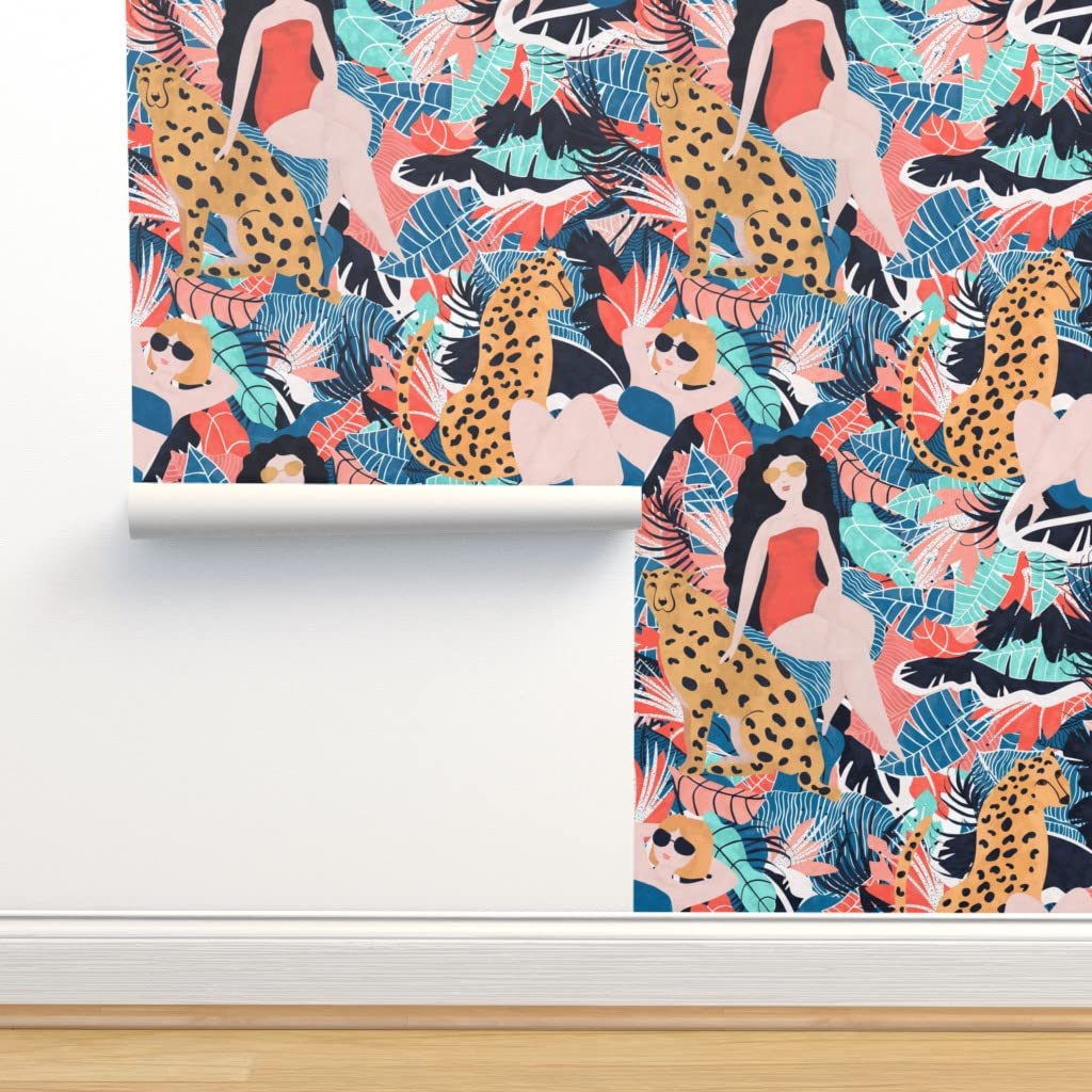 Peel & Stick Removable Wallpaper Samples - Tropical Cheetah Jungle Leaf Palm Animal Print Custom Wall Decals for Girls Room, Nursery, Bedroom & Home Decor | Self-Adhesive Wallpaper Swatches by Spoonflower