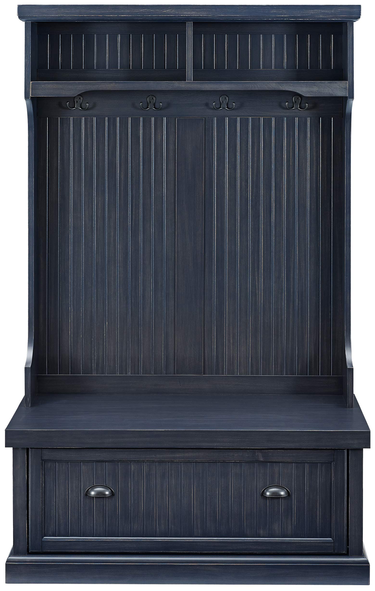 Crosley Furniture Seaside Hall Tree with Shoe Rack Bench & Coat Hooks - Entryway Storage Organizer with Distressed Navy Finish | Perfect for Small Spaces, Mudrooms, and Home Entry Organization