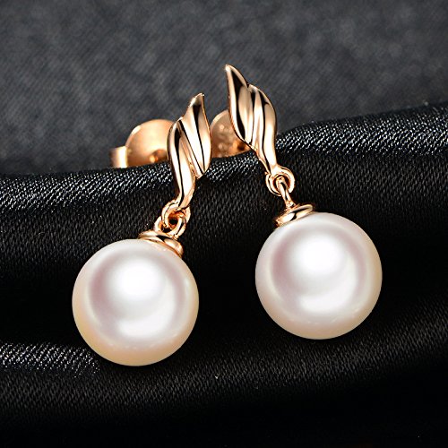 14k Rose Gold Akoya Cultured Freshwater Pearl Stud Earrings for Women - 8mm Round Dangle Drop Earrings - Perfect for Weddings, Parties & Everyday Elegance