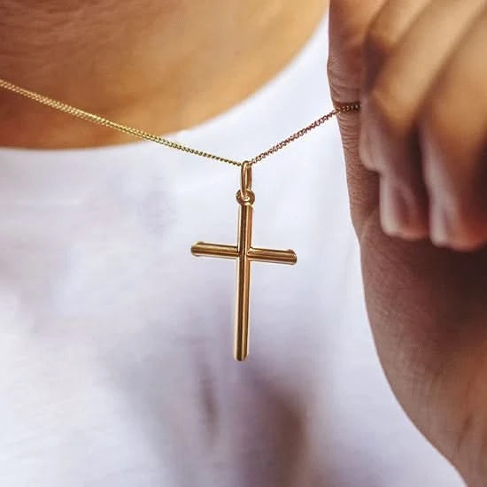 Solid Gold Cross Necklace for Men - Religious Jewelry Gift for Baptism, Wedding & Everyday Wear