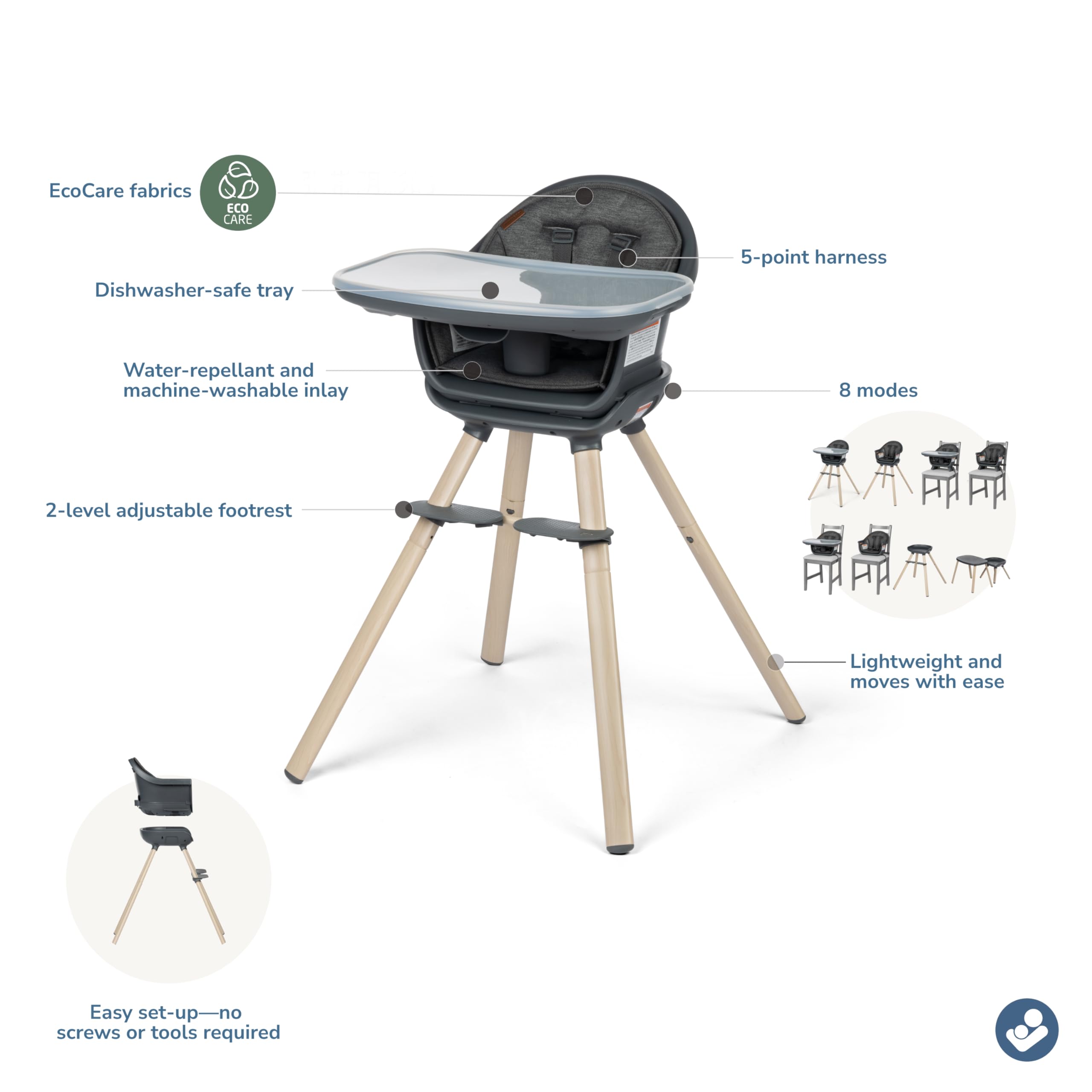 Maxi-Cosi Moa 8-in-1 Convertible High Chair for Babies & Toddlers - Lightweight Compact Design, Machine Washable, Classic Graphite - Perfect for Dining, Feeding & Playtime at Home or Travel