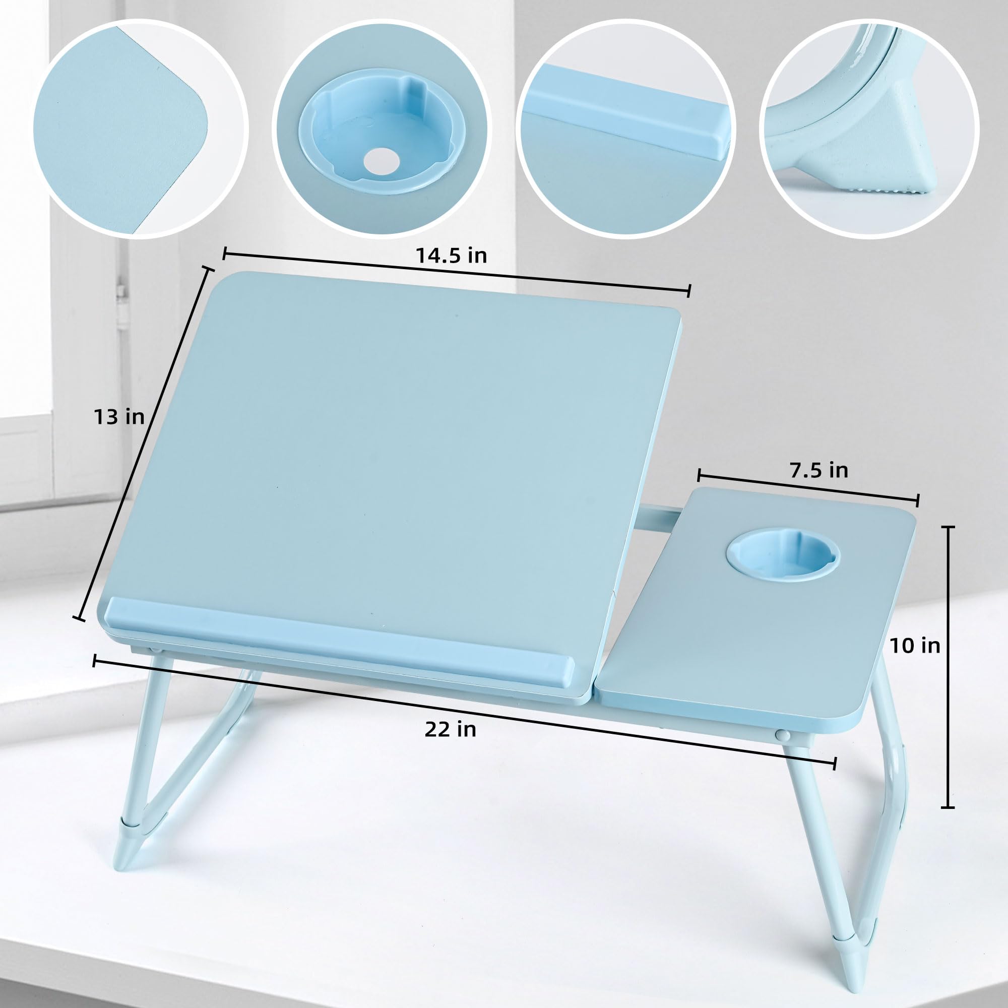 Adjustable Foldable Laptop Desk Tray - Portable Bed Table with Cup Holder for Notebook, Reading & Working on Bed, Couch, Sofa | Perfect for Home Office, Study, Picnic & Dining (Blue)