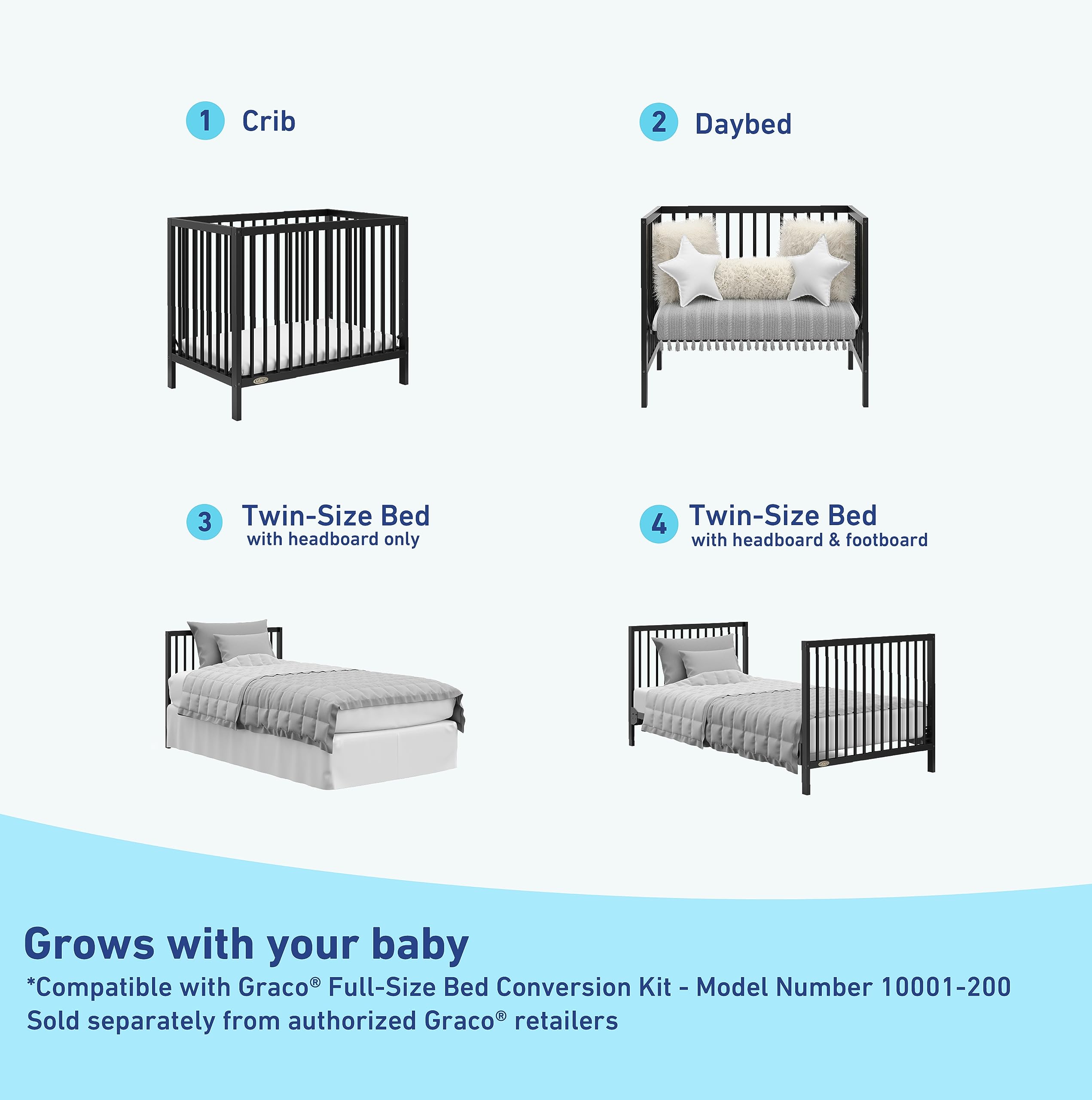 Graco Teddi 4-in-1 Convertible Mini Crib with Waterproof Mattress - GREENGUARD Gold Certified, Compact Nursery Bed for Small Spaces, Easy 30-Min Assembly (Black) | Perfect for Apartments, Daycares & Travel | Includes 2.75-Inch Mattress