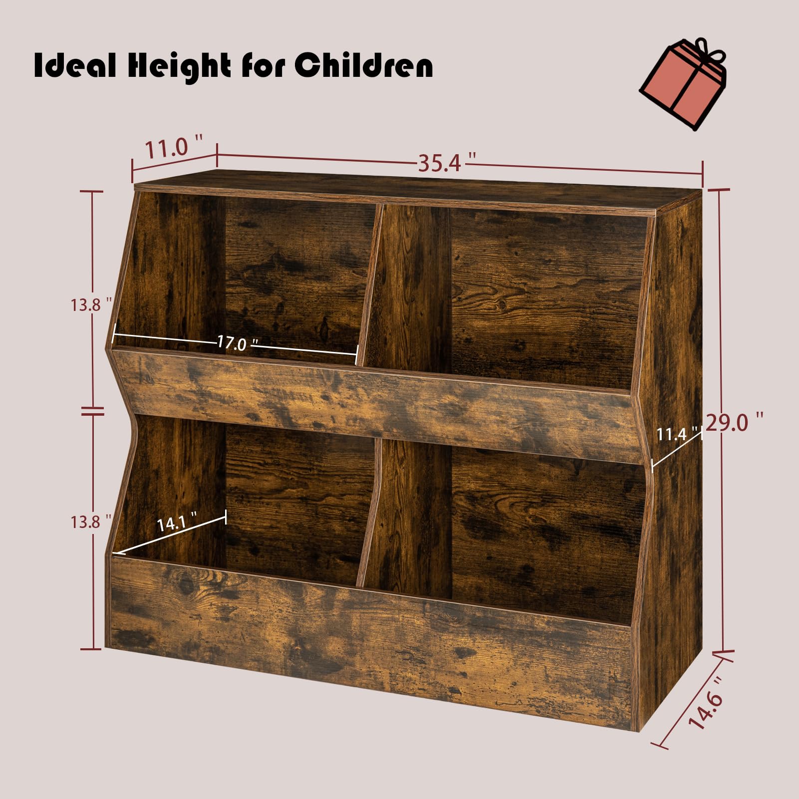 DINZI LVJ Wooden Kids Bookshelf & Toy Storage Organizer - 4 Cubby Children's Bookcase with Toy Storage Cabinet - Rustic Brown 35.4