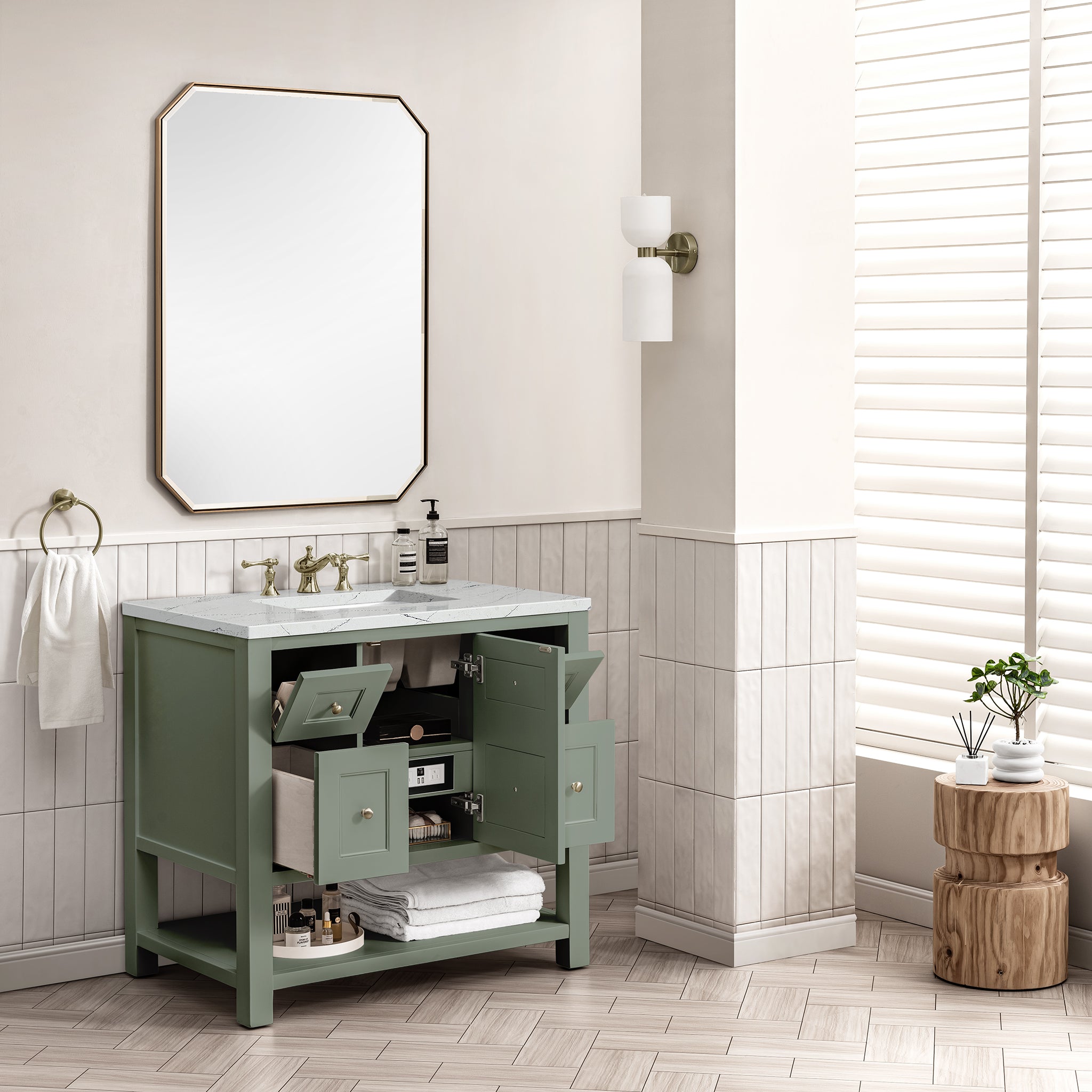 Breckenridge 36 Inch Single Bathroom Vanity with Smokey Celadon Finish and 3CM Ethereal Noctis Quartz Top - Perfect for Modern Home Bathroom Renovation and Space-Saving Design