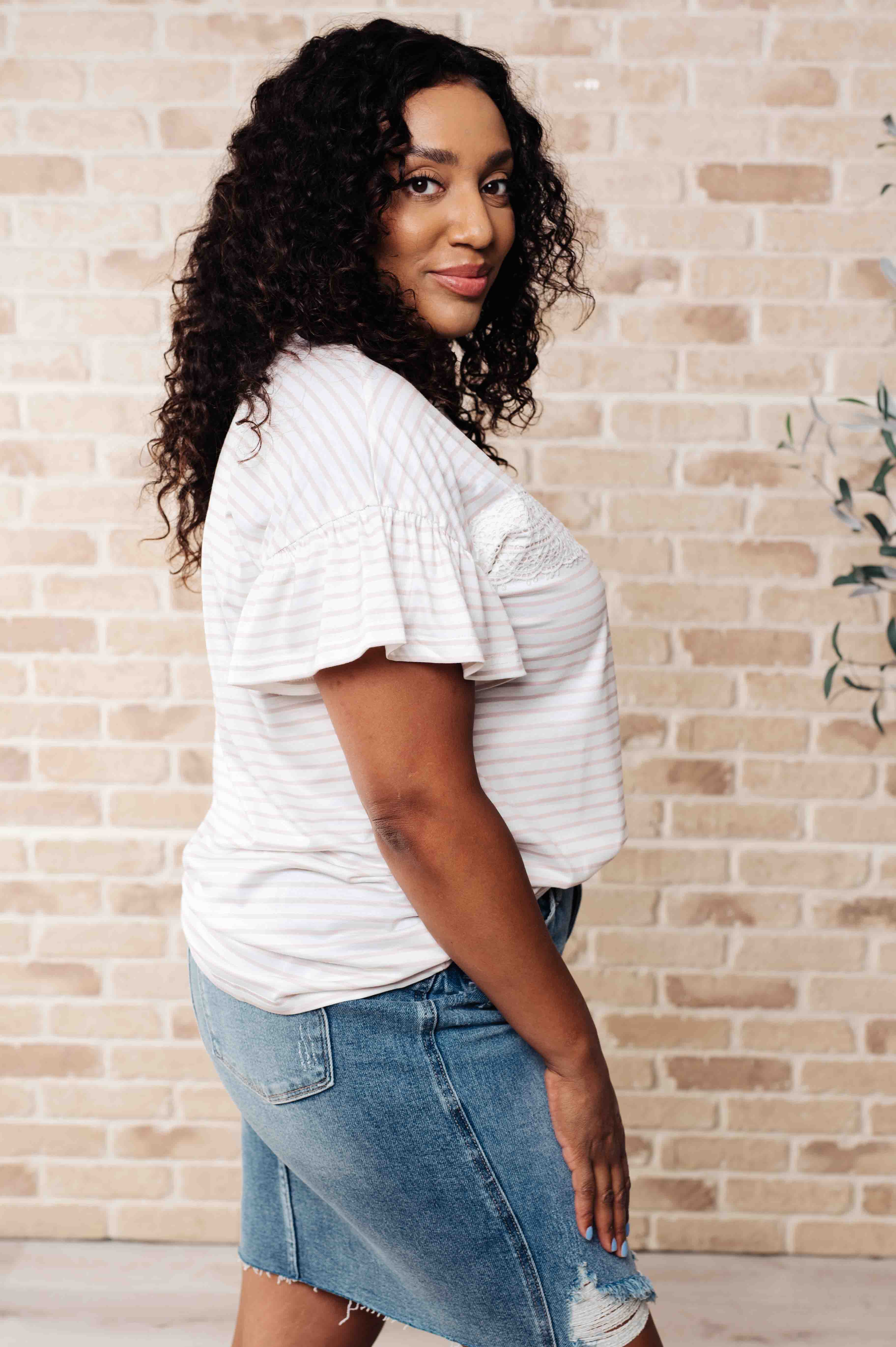 Hand to Hold Lace Detail Striped Top - Women's Fashion Blouse for Casual Wear, Date Night & Office Outfits