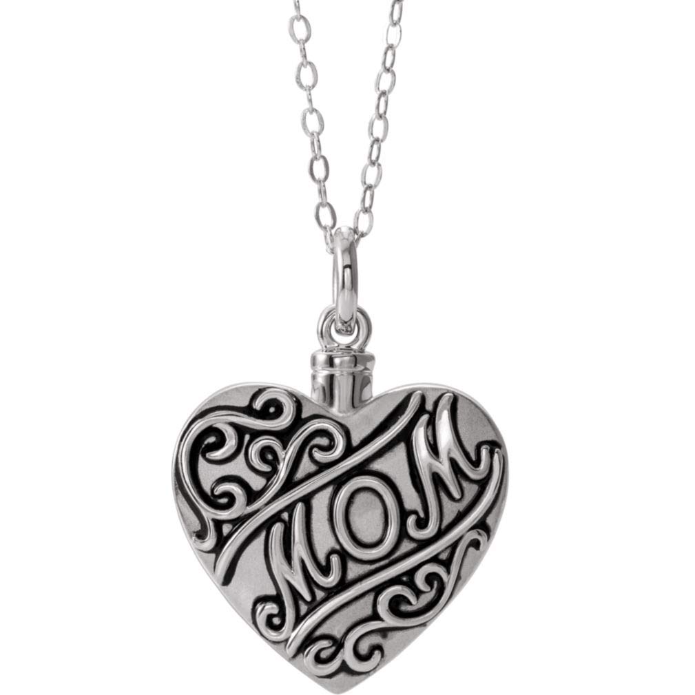 Antiqued Rhodium Plated Sterling Silver Mom Heart Cremation Urn Necklace - 18 Inch Memorial Jewelry for Ashes, Perfect for Honoring Loved Ones & Keeping Memories Close
