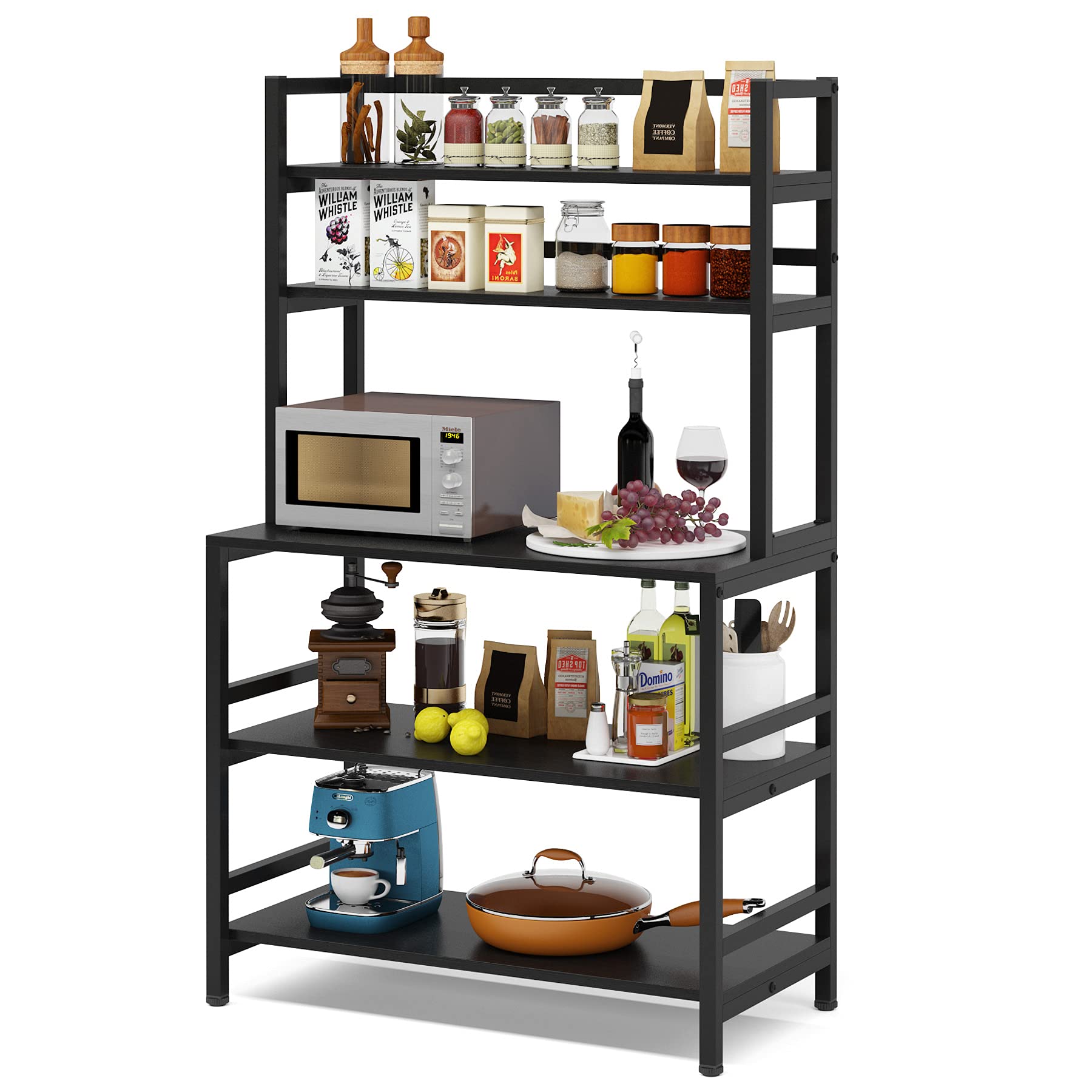 Tribesigns 5-Tier Industrial Kitchen Bakers Rack with Storage Hutch, Microwave Cart Stand, Free Standing Utility Shelf for Small Spaces, Pantry Organization & Kitchen Decor (Black)
