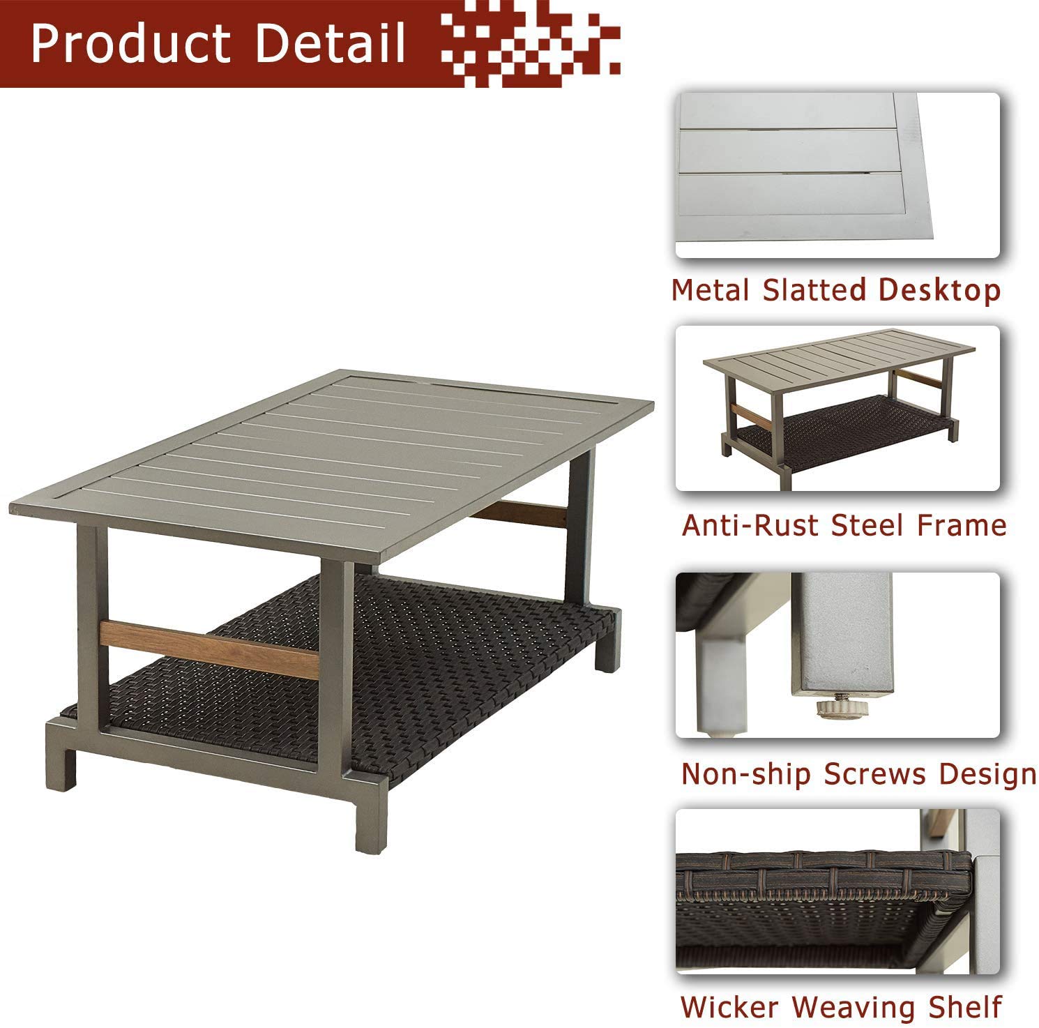 Festival Depot Outdoor Patio Coffee Table - Rectangle Metal Slatted Top with Wicker Rattan Storage Shelf - Garden Yard Furniture for Dining, Lounging & Entertaining - Weather-Resistant Grey