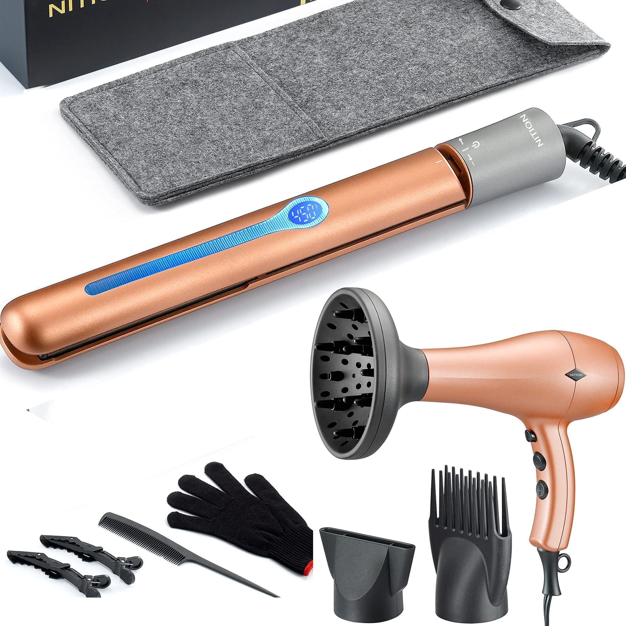 NITION Pro Salon Hair Flat Iron Styling Tool - Professional Hair Straightener & Blow Dryer with Diffuser & Comb Set for Smooth, Shiny Hair - Perfect for Home & Salon Use, Styling, Straightening & Volumizing