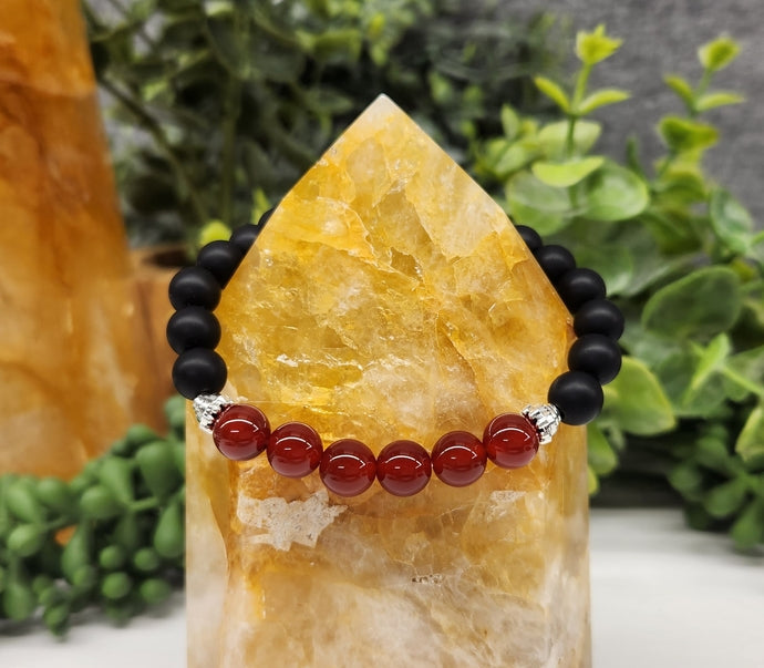 Natural Carnelian and Black Obsidian 8mm Smooth Bead Stretch Bracelet for Women - Healing Crystal Jewelry for Meditation, Yoga & Positive Energy
