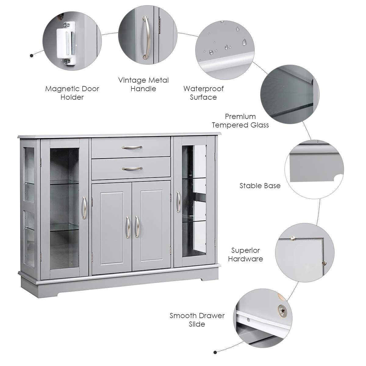 Giantex Gray Sideboard Buffet Server with 2 Drawers & 3 Cabinets - Kitchen Storage Cabinet with Glass Doors for Dining Room Furniture, Cupboard Console Table - Perfect for Entertaining, Holiday Serving & Home Organization
