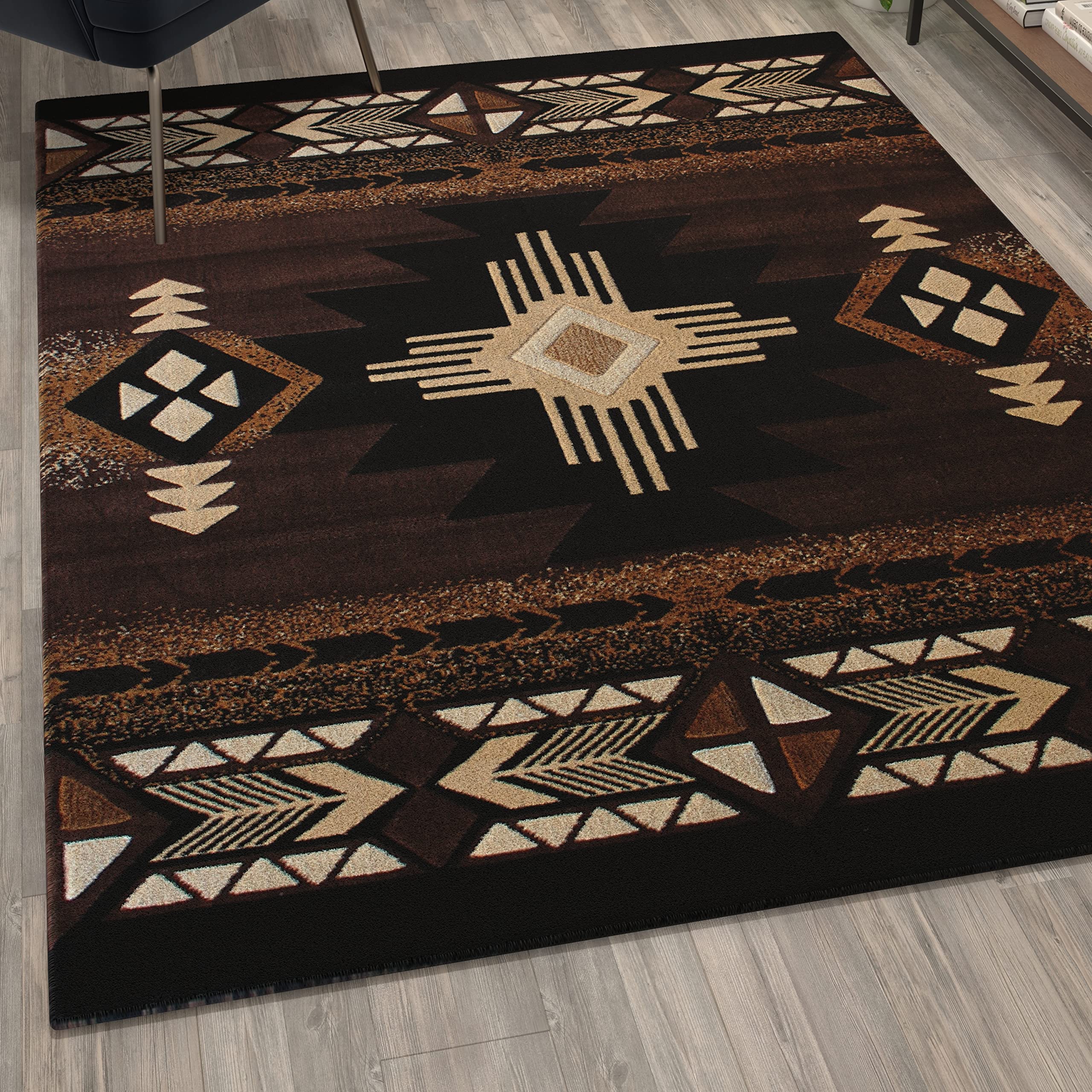 Flash Furniture Mohave Traditional Southwestern Style Area Rug 5' x 7' - Rustic Chocolate Brown Olefin Rug with Jute Backing - Perfect for Living Room, Bedroom, or Southwestern Home Decor