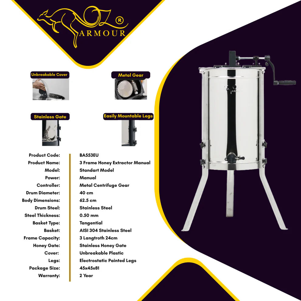 3 Frames Manual Honey Extractor - Full Stainless Steel 304 Food Grade Beekeeping Equipment for Home & Commercial Use