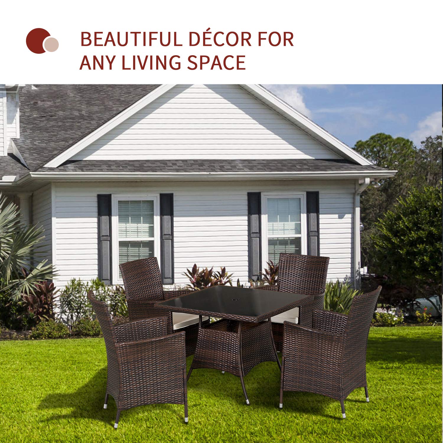 5-Piece Outdoor Patio Furniture Set - Square Wicker Dining Table with Tempered Glass Top & 4 Chairs, Umbrella Hole - Brown Rattan Garden Set for Backyard, Poolside or Terrace Dining