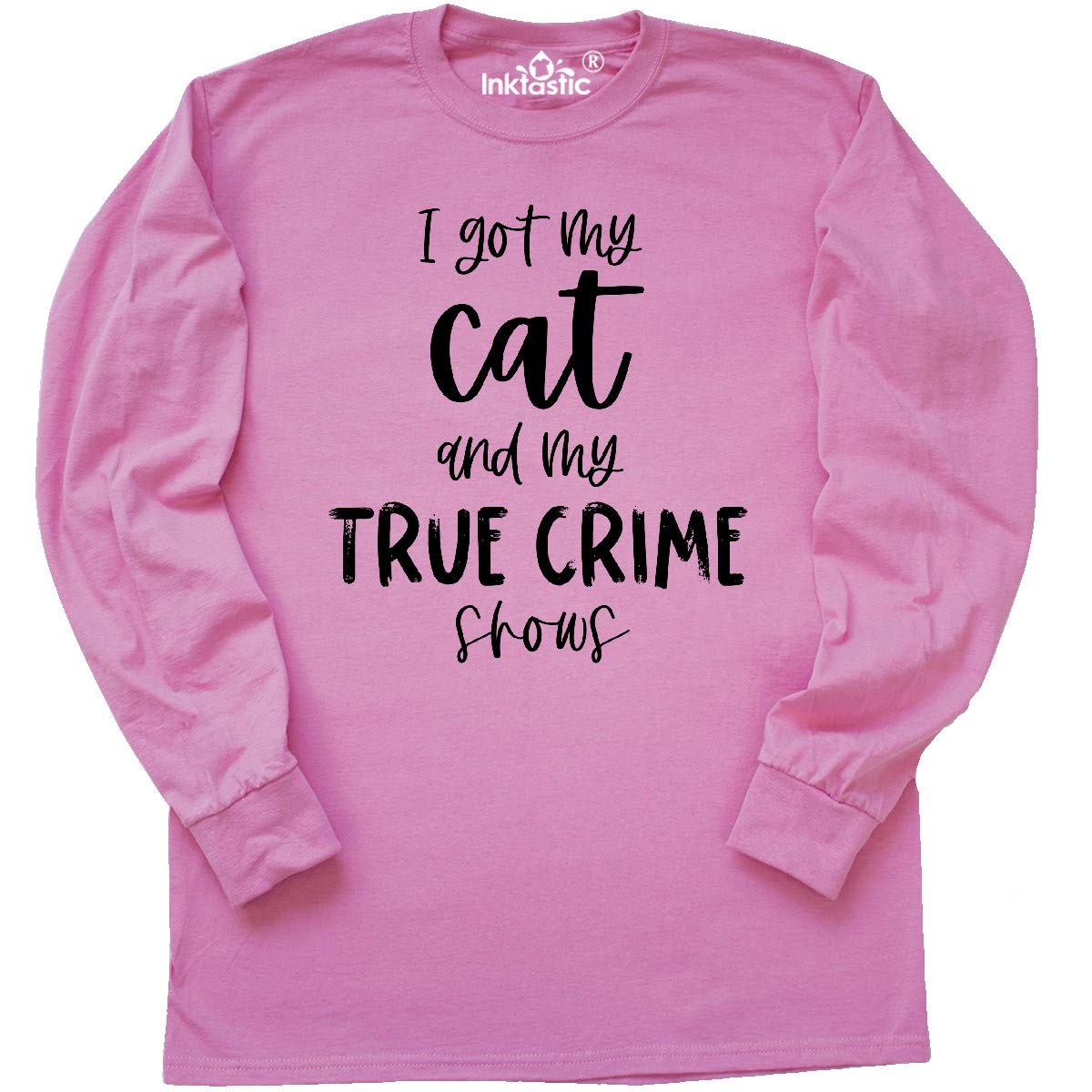 Inktastic 'I Got My Cat and My True Crime Shows' Funny Long Sleeve T-Shirt for Women - Cozy Cat Lover & Crime Show Fan Gift Idea