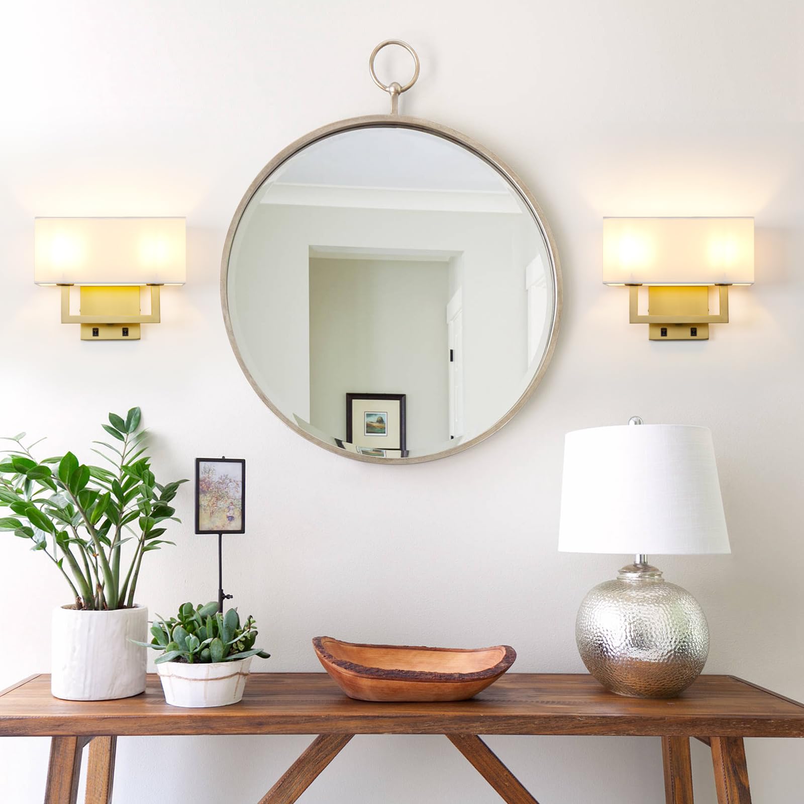 Yosoan Set of 2 Modern Boho Brass Wall Sconces with On/Off Switch - Vintage Industrial 2-Light Vanity Fixtures with White Fabric Shades - Perfect for Bedroom, Living Room, Hallway & Reading Nook (Antique Brass Finish)
