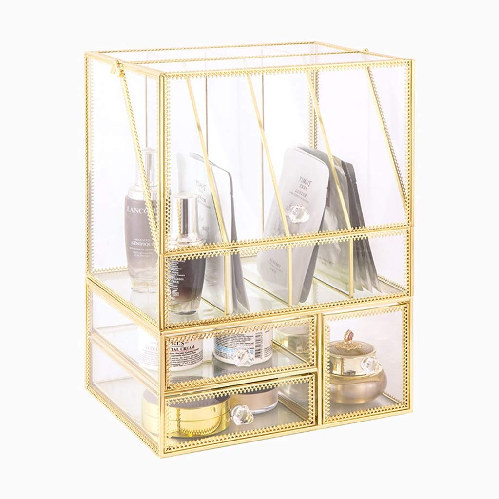 HUAHUA 3-Drawer Glass Makeup Storage Cabinet - Dustproof Waterproof Cosmetic Organizer with Large Capacity for Makeup, Jewelry & Accessories | Perfect for Vanity, Bathroom & Dressing Room Organization