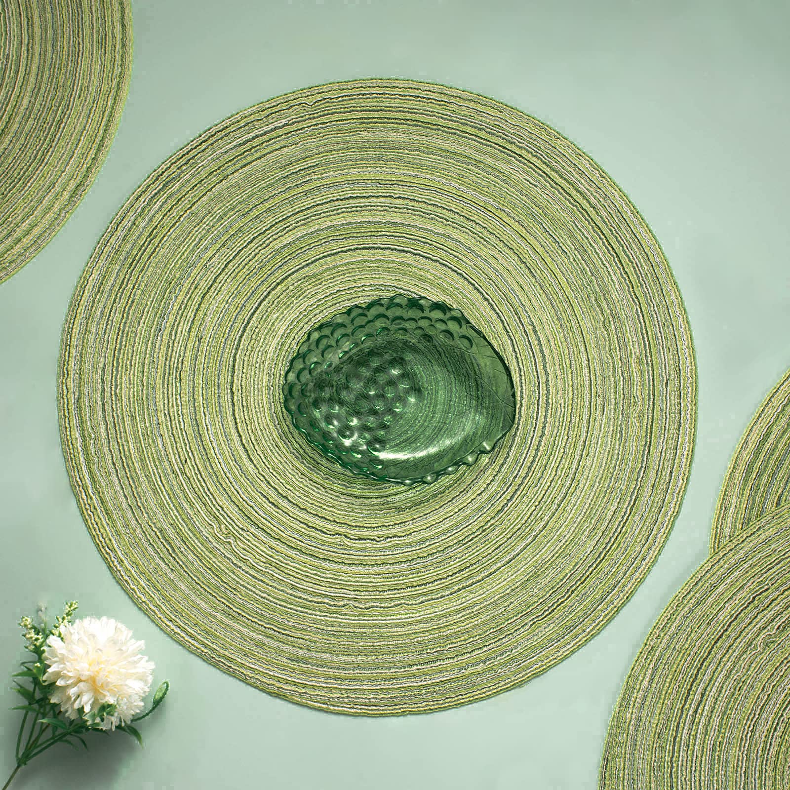 AHHFSMEI 6-Pack Round Braided Placemats - 15 Inch Natural Woven Heat-Resistant Table Mats for Dining - Light Green | Perfect for Dinner Parties, Kitchen Decor & Holiday Table Settings