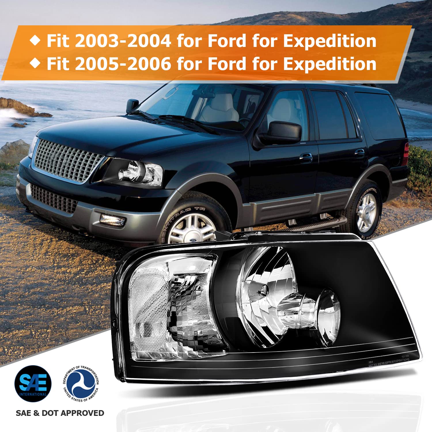 2003-2006 Ford Expedition Headlight Assembly - Black Housing, Clear Reflector & Lens - Driver & Passenger Side Replacement Headlamps - Perfect for Night Driving & Off-Road Adventures