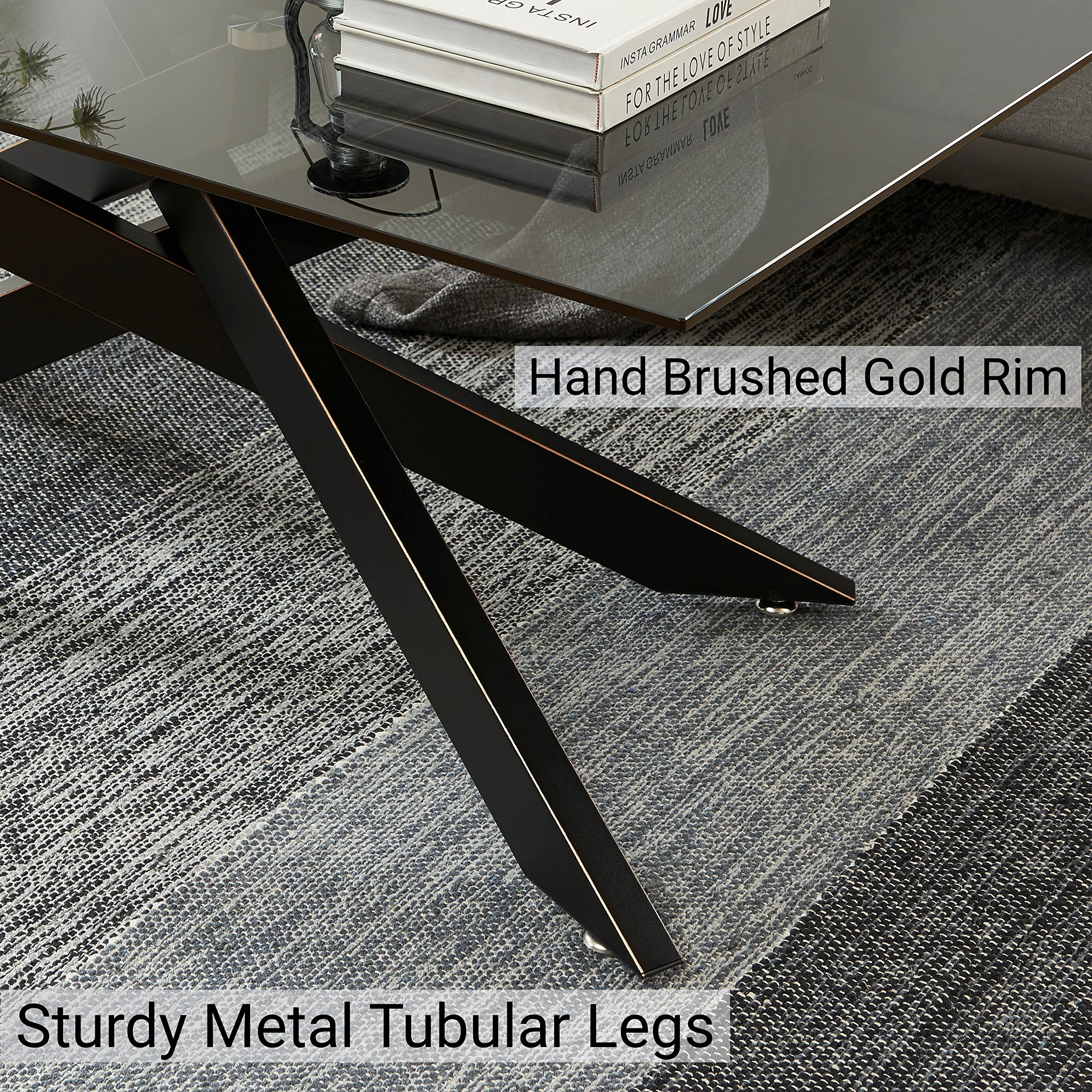 Modern Rectangle Coffee Table with Gray Tempered Glass Top & Black Metal Tubular Legs - 47.3