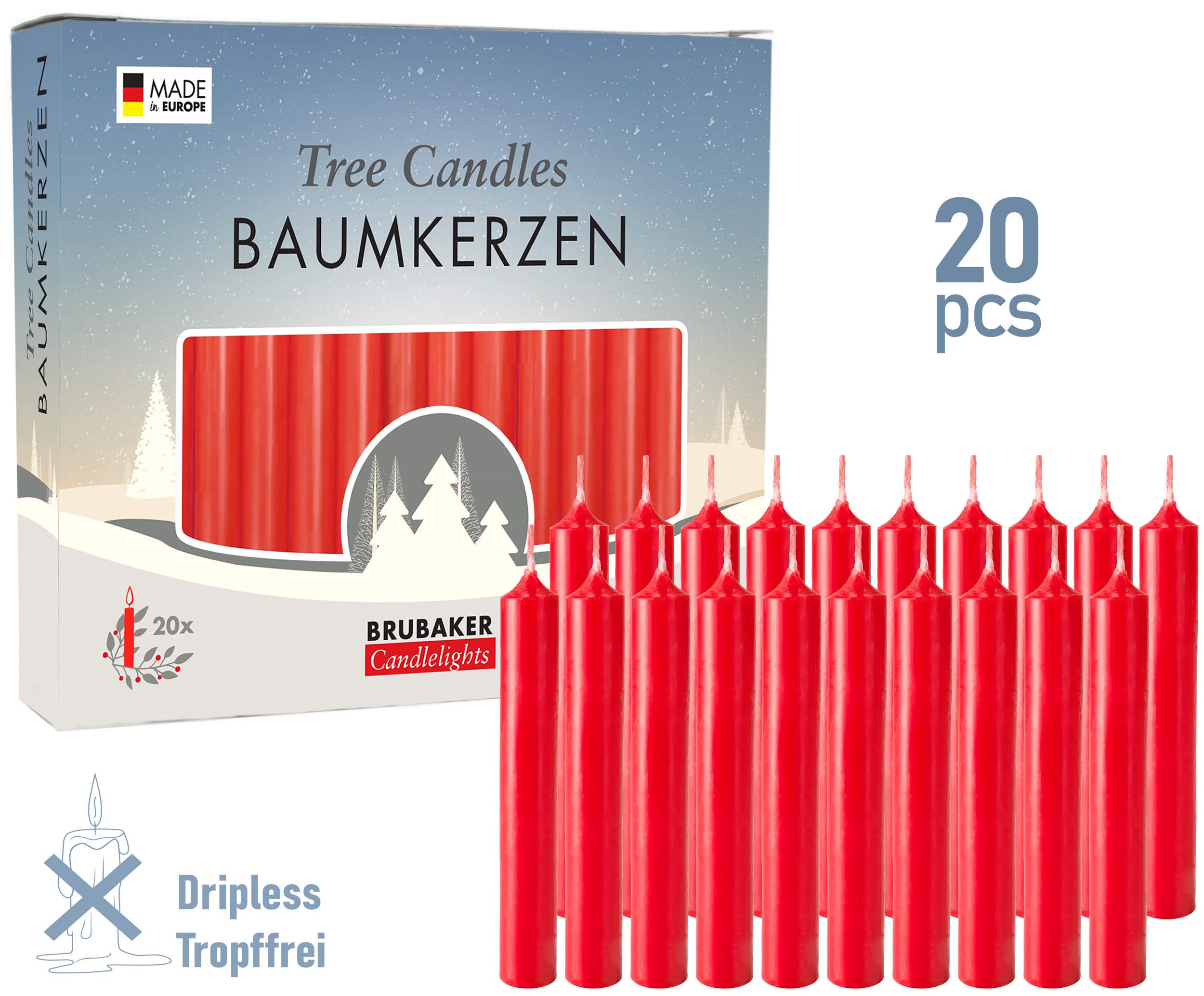 20 Pack Red Tree Candles - 3¾ x ½ Inches (9.5 x 1.27cm) - Handmade in Europe - Perfect for Christmas Pyramids, Carousels & Chimes - Festive Holiday Home Decor