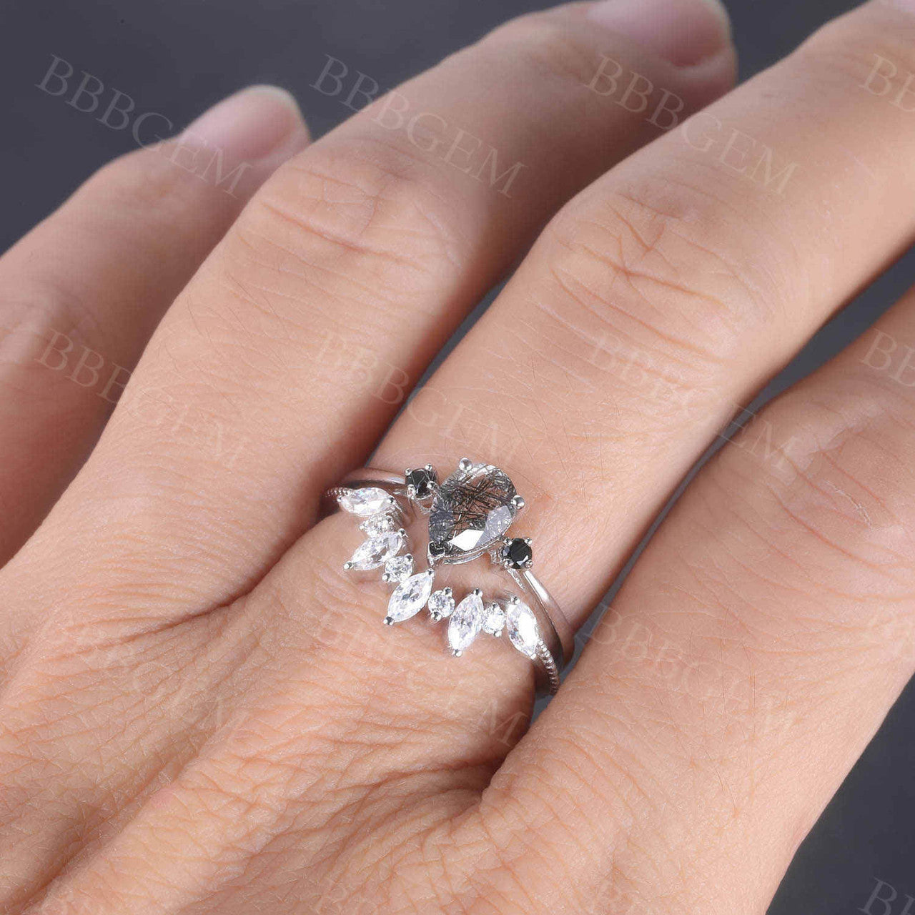 Pear Black Rutilated Quartz Bridal Ring Set in White Gold with Diamond Cluster - Elegant Engagement & Wedding Jewelry for Brides, Anniversary Gifts, and Special Occasions