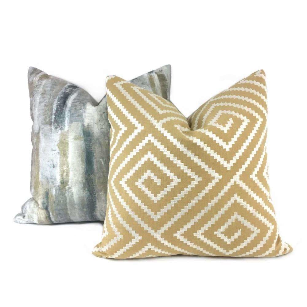 Agamemnon Embroidered Greek Key Pillow Cover - Pearl White on Tan - Elegant Home Decor for Living Room, Bedroom, Sofa & Couch