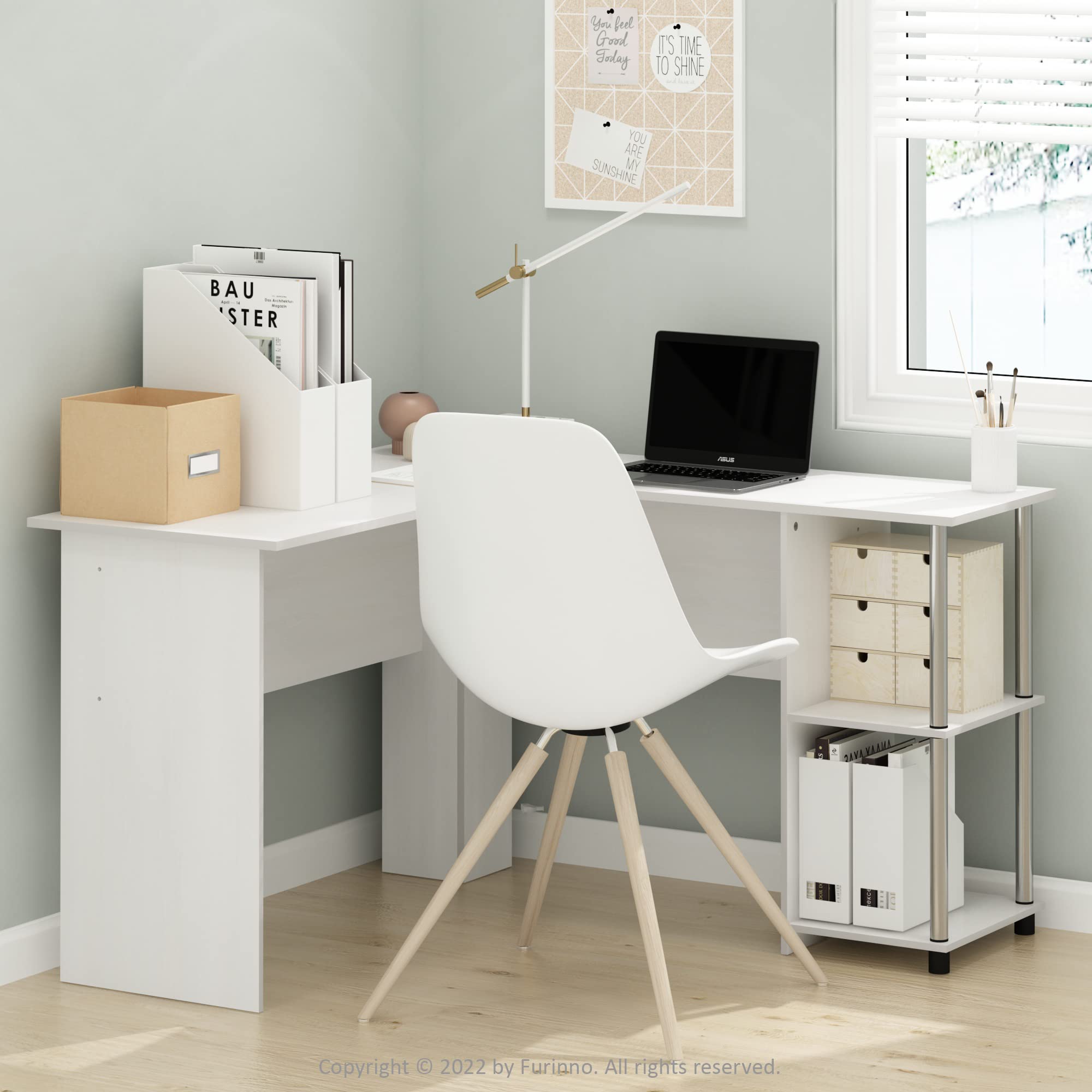 Furinno Abbott L-Shaped Computer Desk with Stainless Steel Frame & Bookshelf - White Oak/Chrome Finish | Perfect for Home Office, Gaming Setup & Small Space Workstation