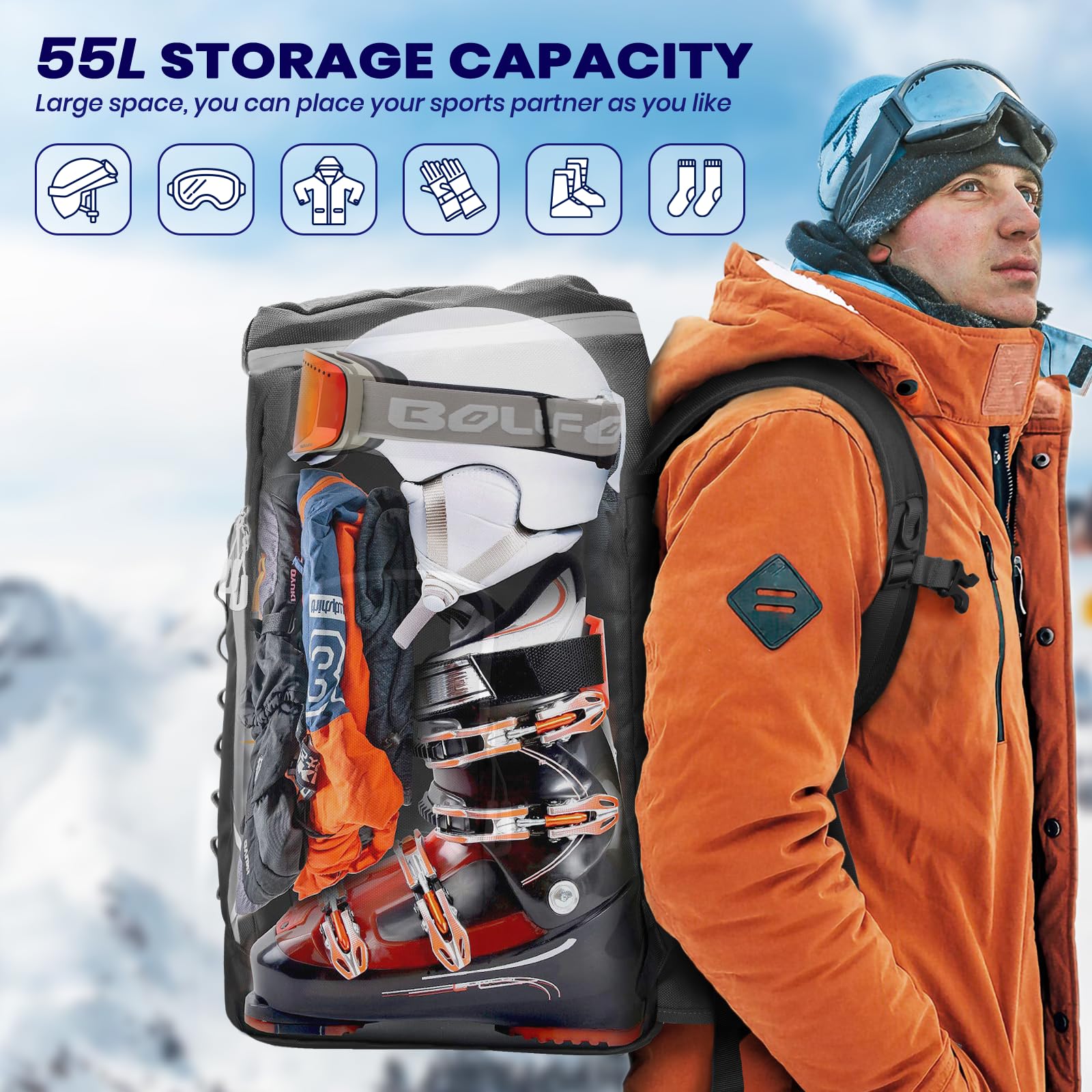 **55L Waterproof Ski Boot Backpack - 1680D Nylon Travel Bag for Ski Helmet, Goggles, Gloves & Snowboard Accessories | Perfect for Ski Trips & Winter Sports Gear Storage**
