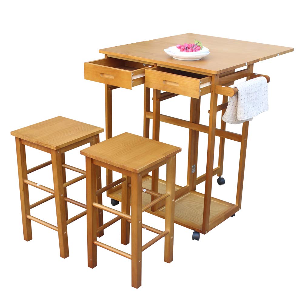 3 Piece Dining Table Set with 2 Stools - Compact Kitchen Table for Small Spaces - Removable Rolling Pub Bar Table with 2 Drawers - Brown - Perfect for Apartments, Dorms & Small Kitchens - Space Saving Dining Solution
