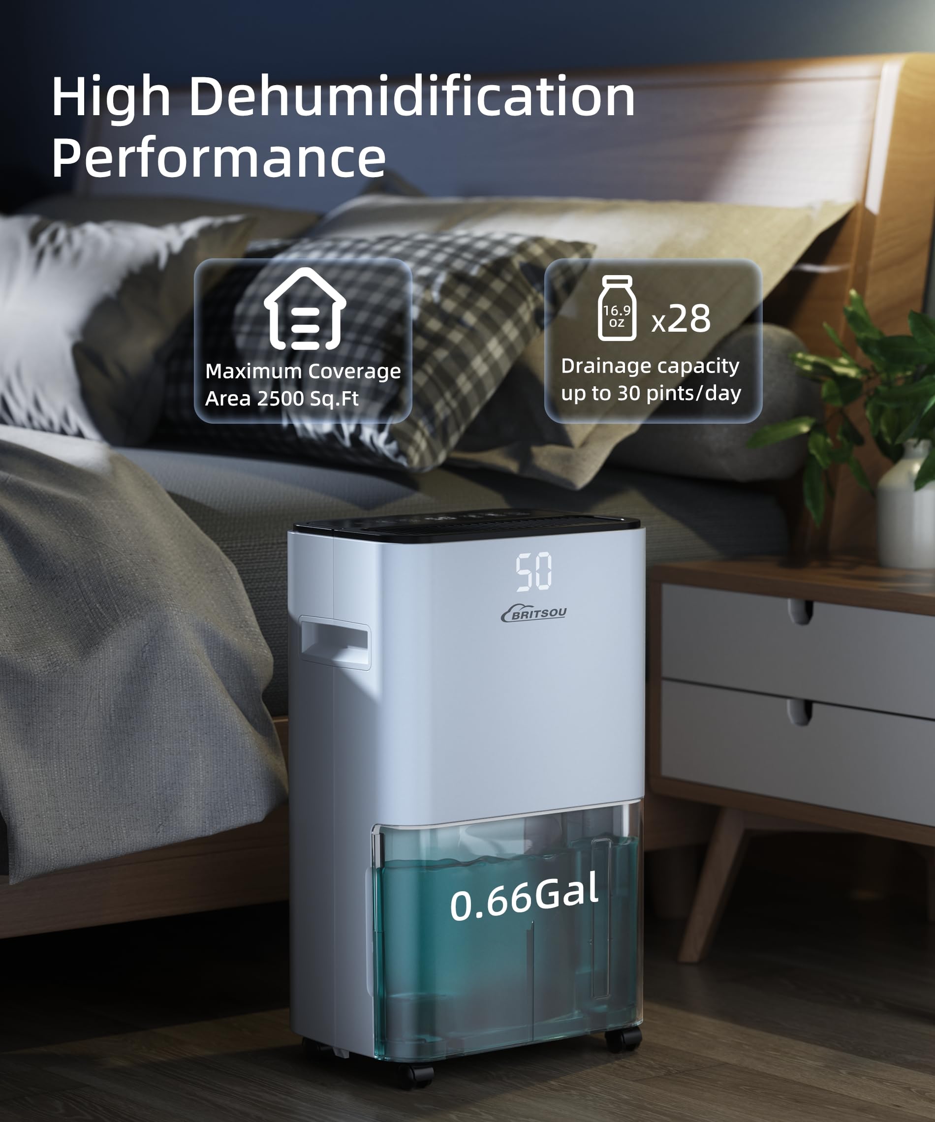BRITSOU 2000 Sq. Ft Energy Efficient Dehumidifier for Basement & Home - 34 Pint Capacity with Auto Shut Off, 24HR Timer & Drain Hose - Ideal for Damp Basements, Large Rooms & High Humidity Areas