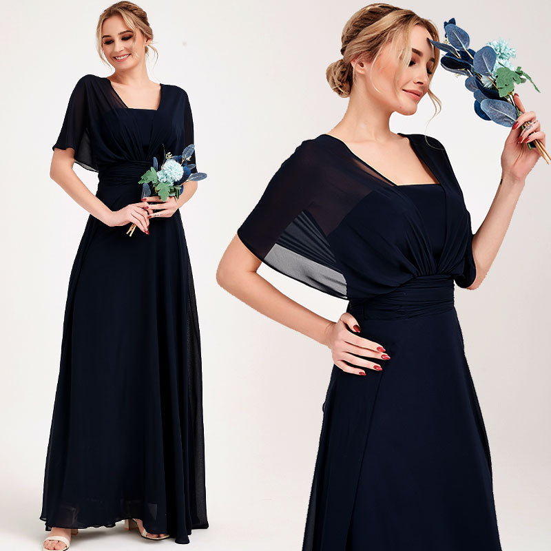 Elegant Dark Navy Convertible Chiffon Bridesmaid Dress - Wrap Style Floor Length Gown for Weddings, Prom & Formal Events