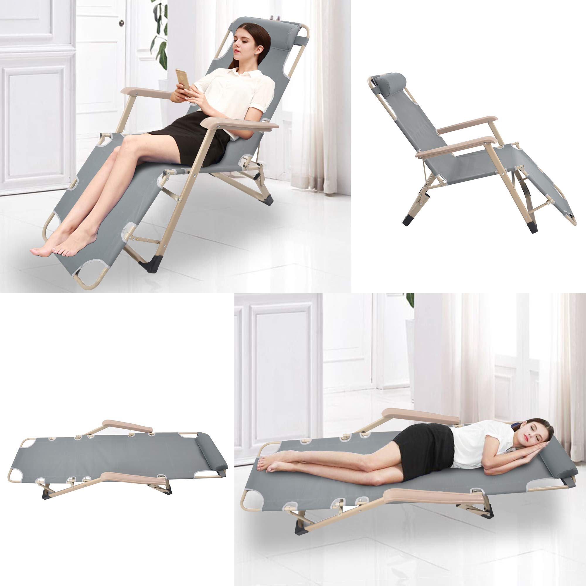 LUCKYERMORE 2-Pack Heavy Duty Folding Lounge Chairs with Full Flat Cot - 2-Position Reclining Outdoor Chairs for Beach, Pool, Camping & Patio - Gray (70”L x 20.5”W) - Perfect for Relaxing, Sunbathing & Backyard Lounging