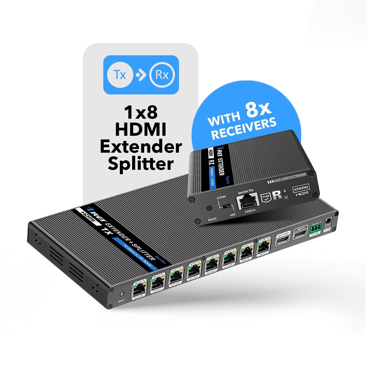 1x8 4K HDMI Extender Splitter Over Single CAT6/7 Cable - Up to 230 Feet, 18Gbps Bandwidth, Bi-Directional IR, RS-232 Control & EDID Management (UHD18 IPC230 K) - Perfect for Home Theater, Conference Rooms & Digital Signage
